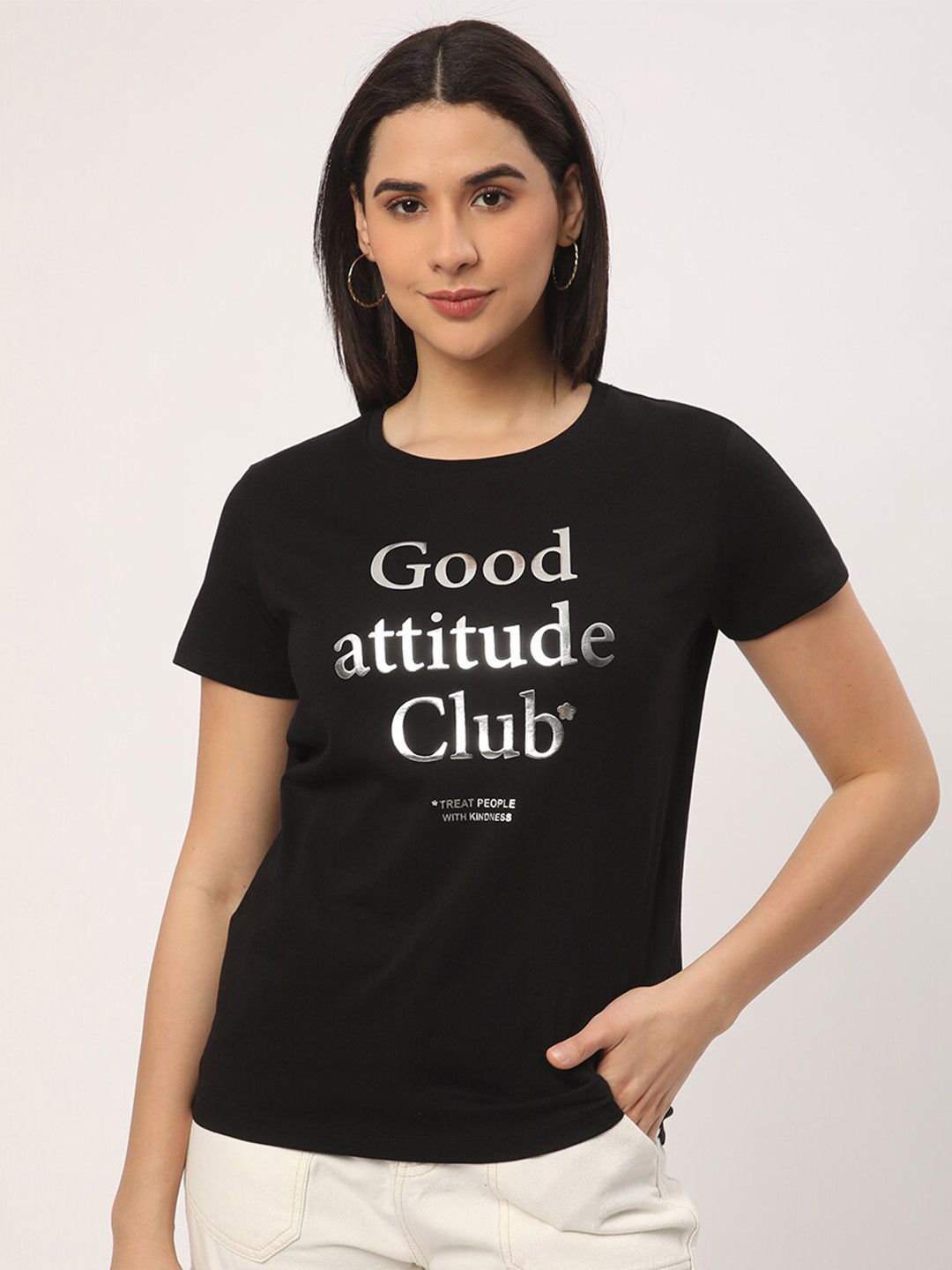 

R&B Typography Printed Cotton Casual T-shirt, Black