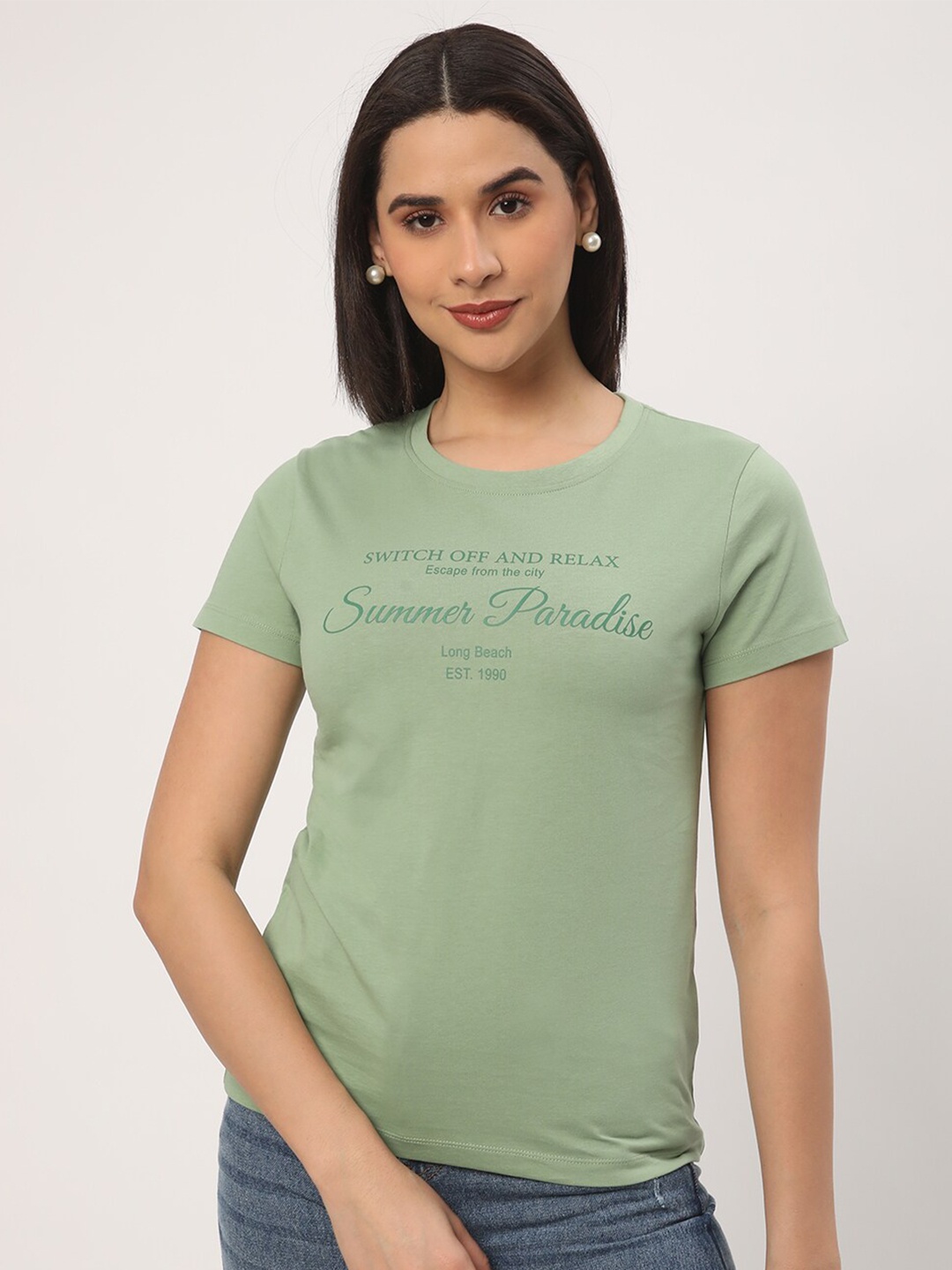 

R&B Typography Printed Cotton Casual T-shirt, Green