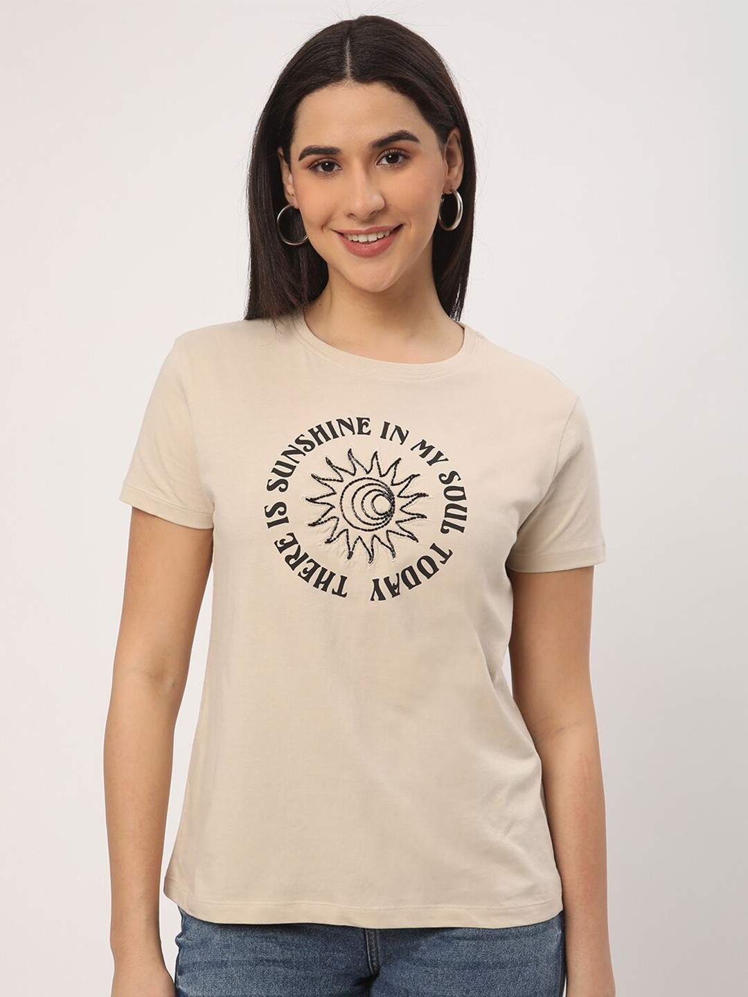 

R&B Typography Printed Cotton Casual T-shirt, Beige