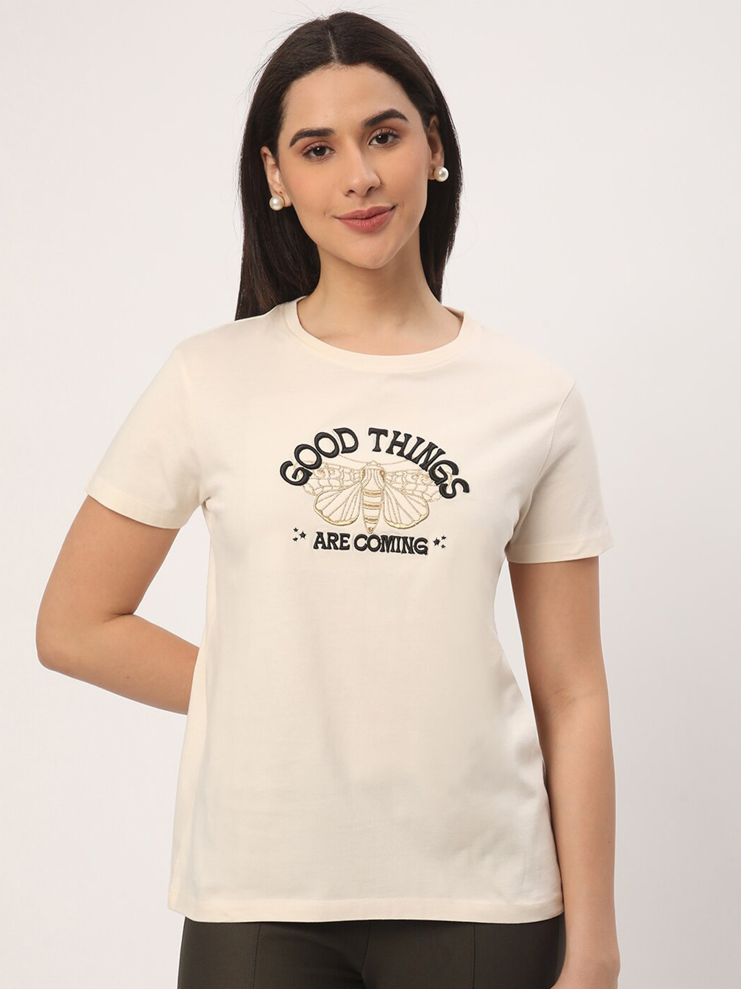 

R&B Typography Printed Cotton Casual T-shirt, Off white