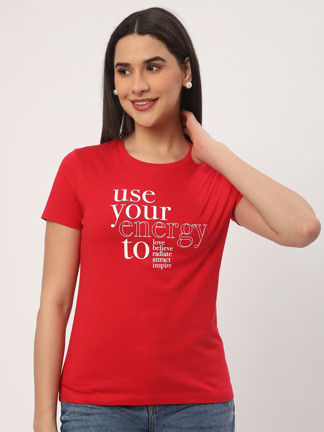 

R&B Typography Printed Cotton Casual T-shirt, Red