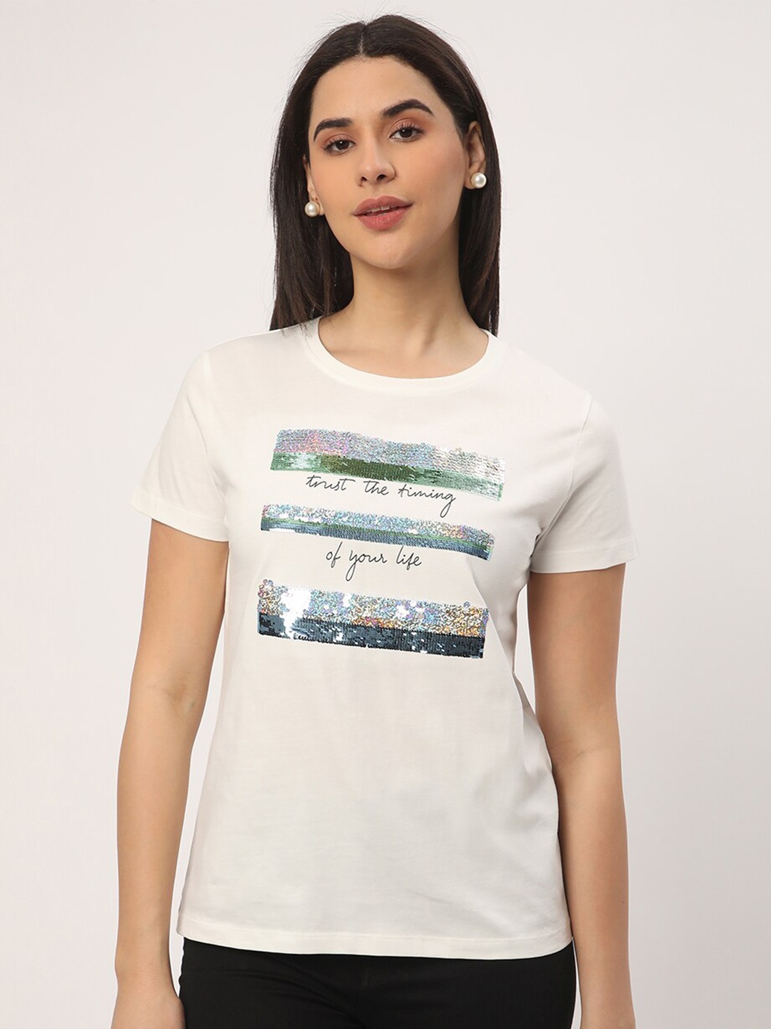 

R&B Embellished Cotton Casual T-shirt, White