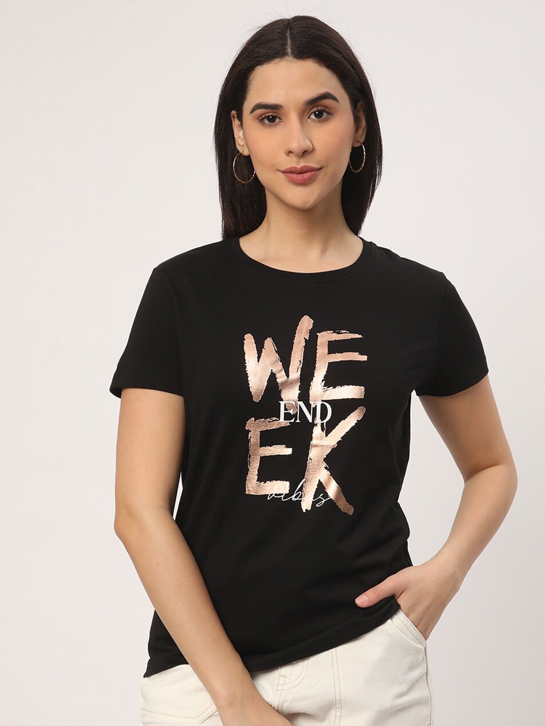 

R&B Typography Printed Cotton Casual T-shirt, Black
