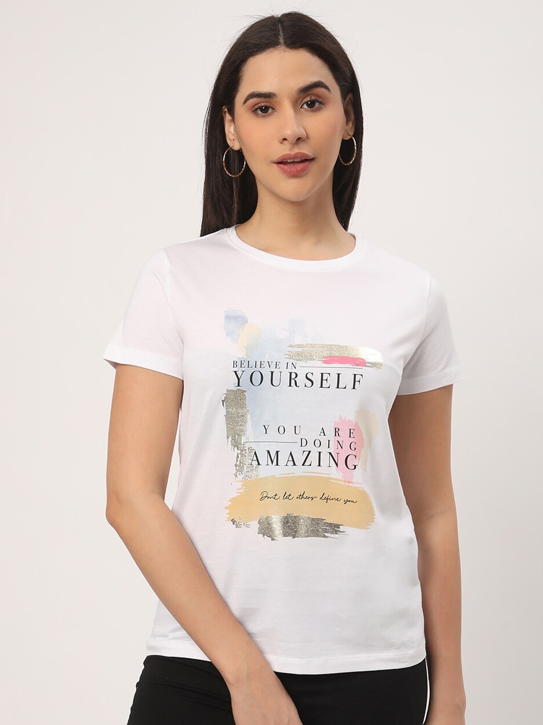 R&B Typography Printed Cotton Casual T-shirt, White