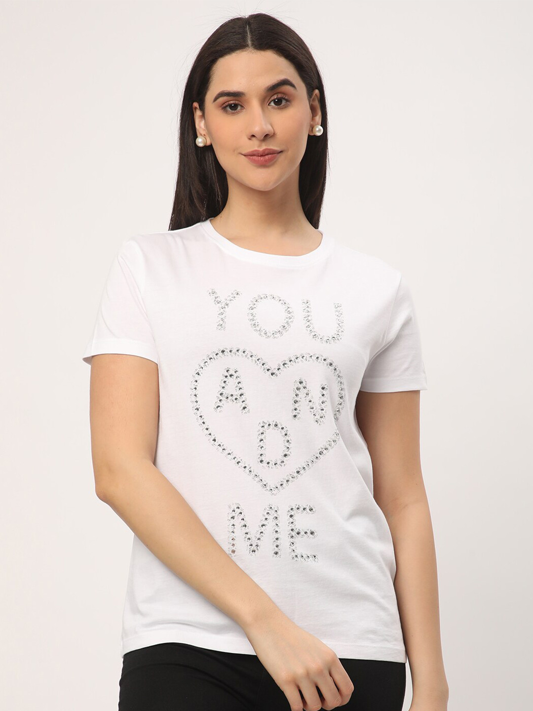 

R&B Typography Embellished Cotton Casual T-shirt, White