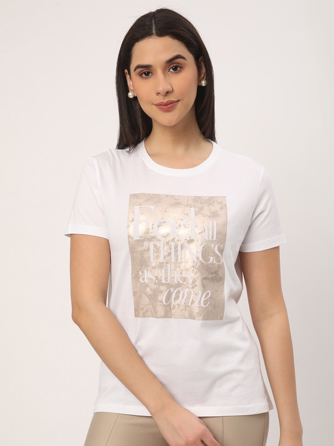 R&B Typography Printed Cotton Casual T-shirt, White