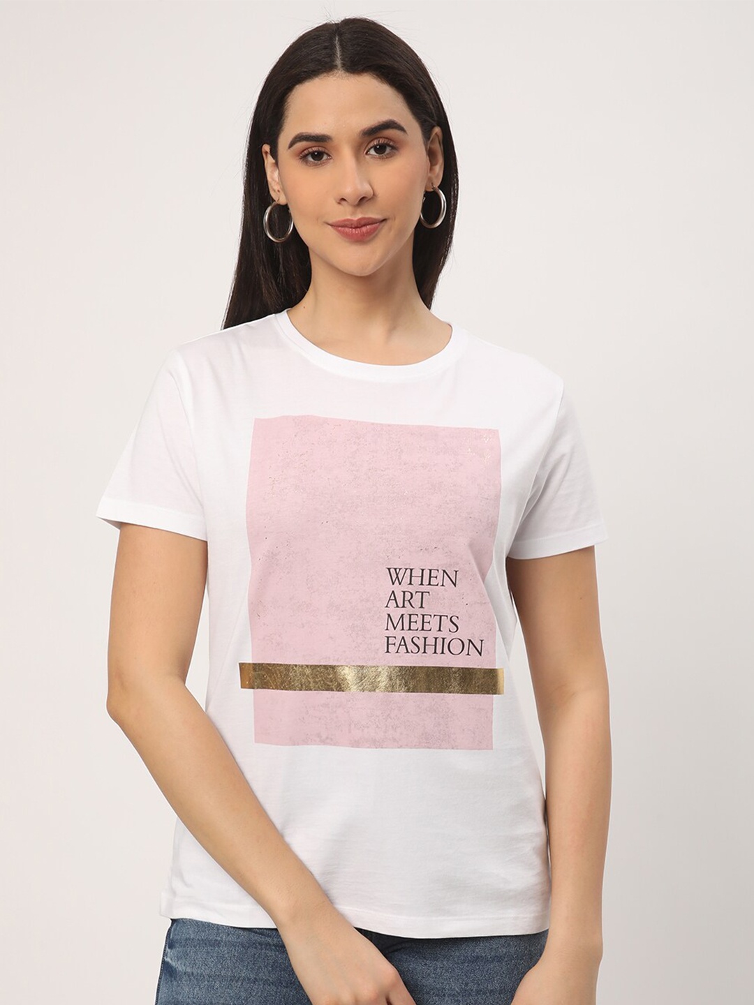 

R&B Typography Printed Cotton Casual T-shirt, White