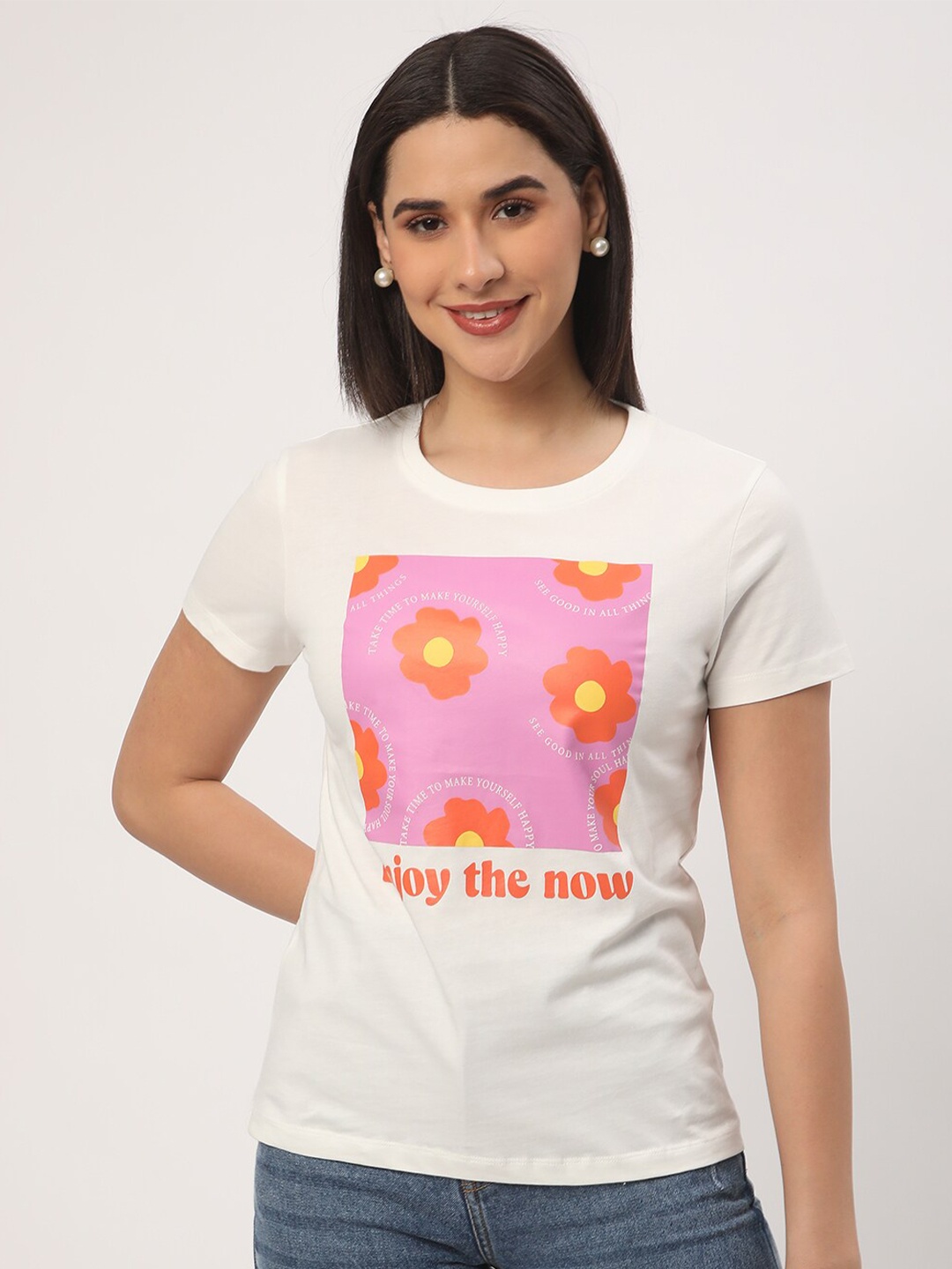 

R&B Typography Printed Cotton Casual T-shirt, White