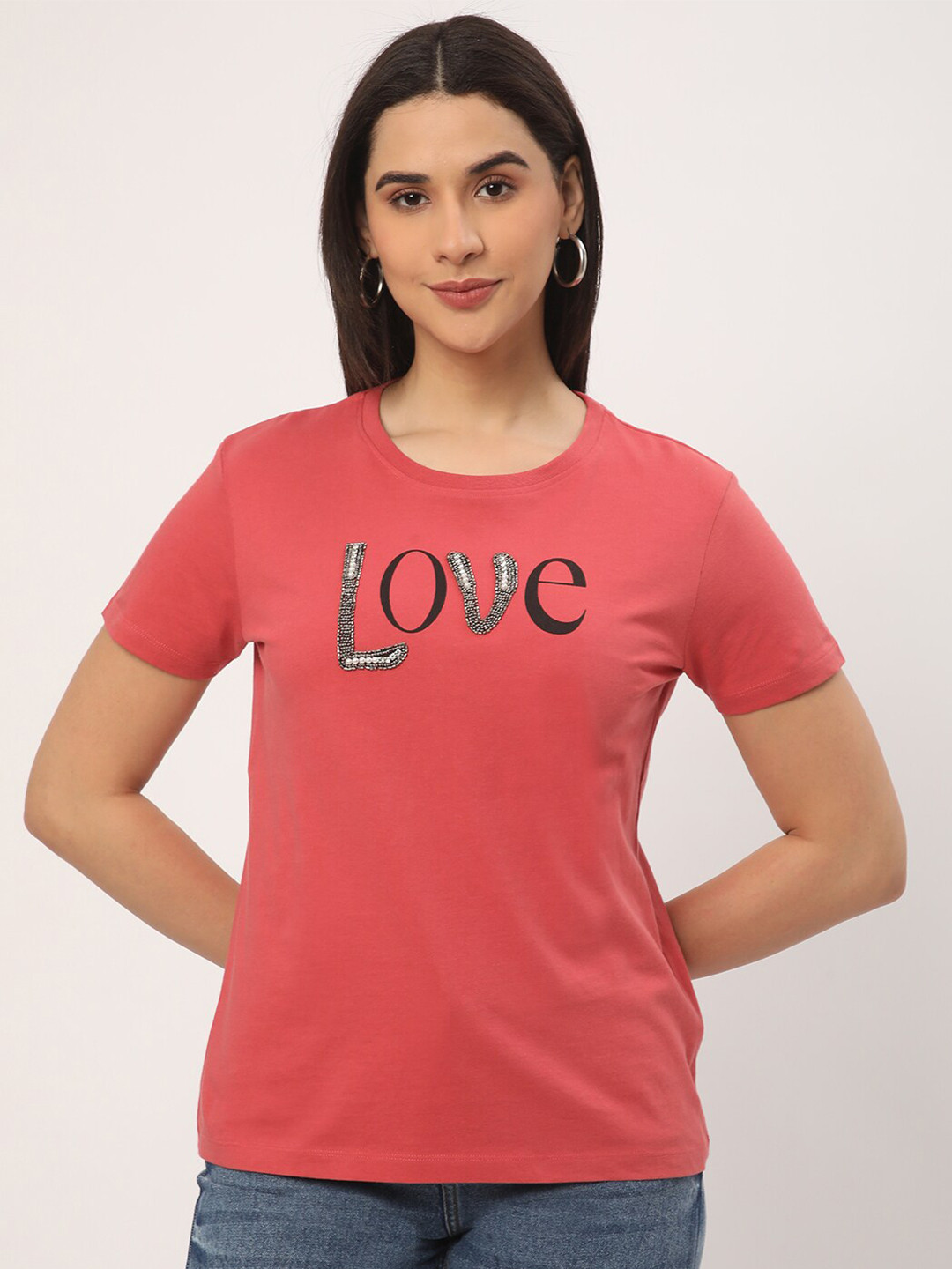 

R&B Typography Printed Cotton Casual T-shirt, Peach