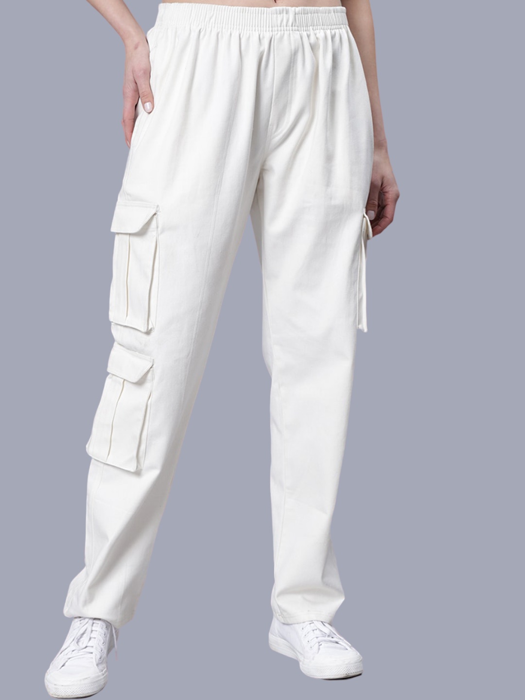 

Mad Over Print Women Relaxed Easy Wash Cotton Cargos Trousers, Off white