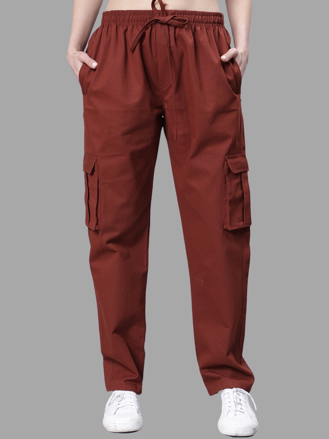 

Mad Over Print Women Relaxed Easy Wash Cotton Cargos Trousers, Tan