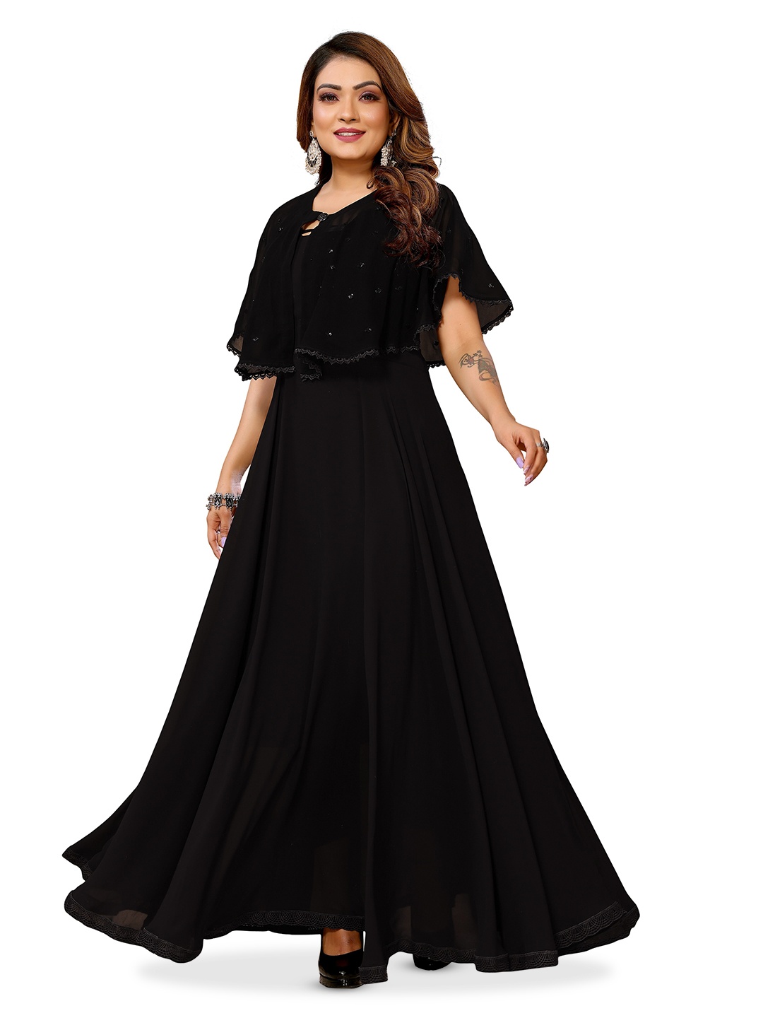 

Krimmple Keyhole Neck Cape Sleeves Georgette Maxi Dress With Koti, Black