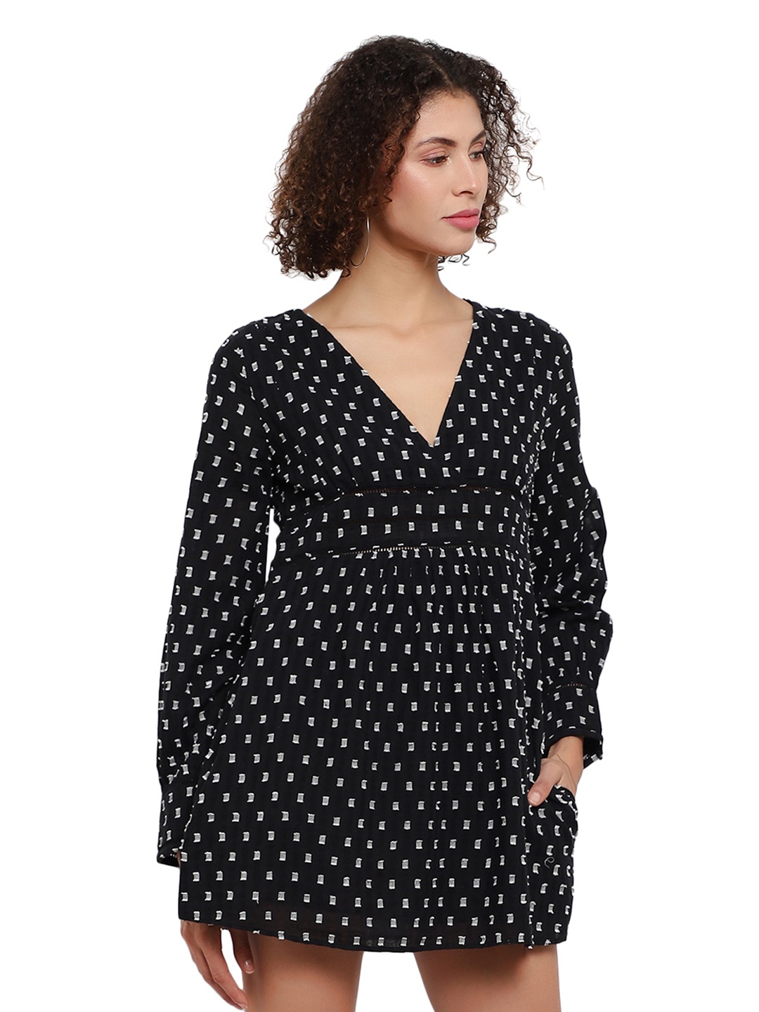 

Amagyaa Self Design V-Neck Cuffed Sleeves Cotton A-Line Dress, Black