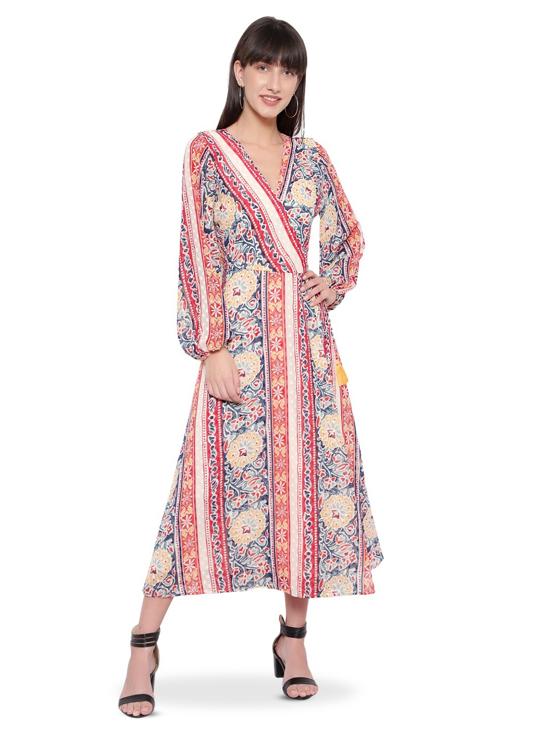 

Amagyaa Ethnic Motifs Print V-Neck Cuffed Sleeves Chiffon A-Line Maxi Dress, Red