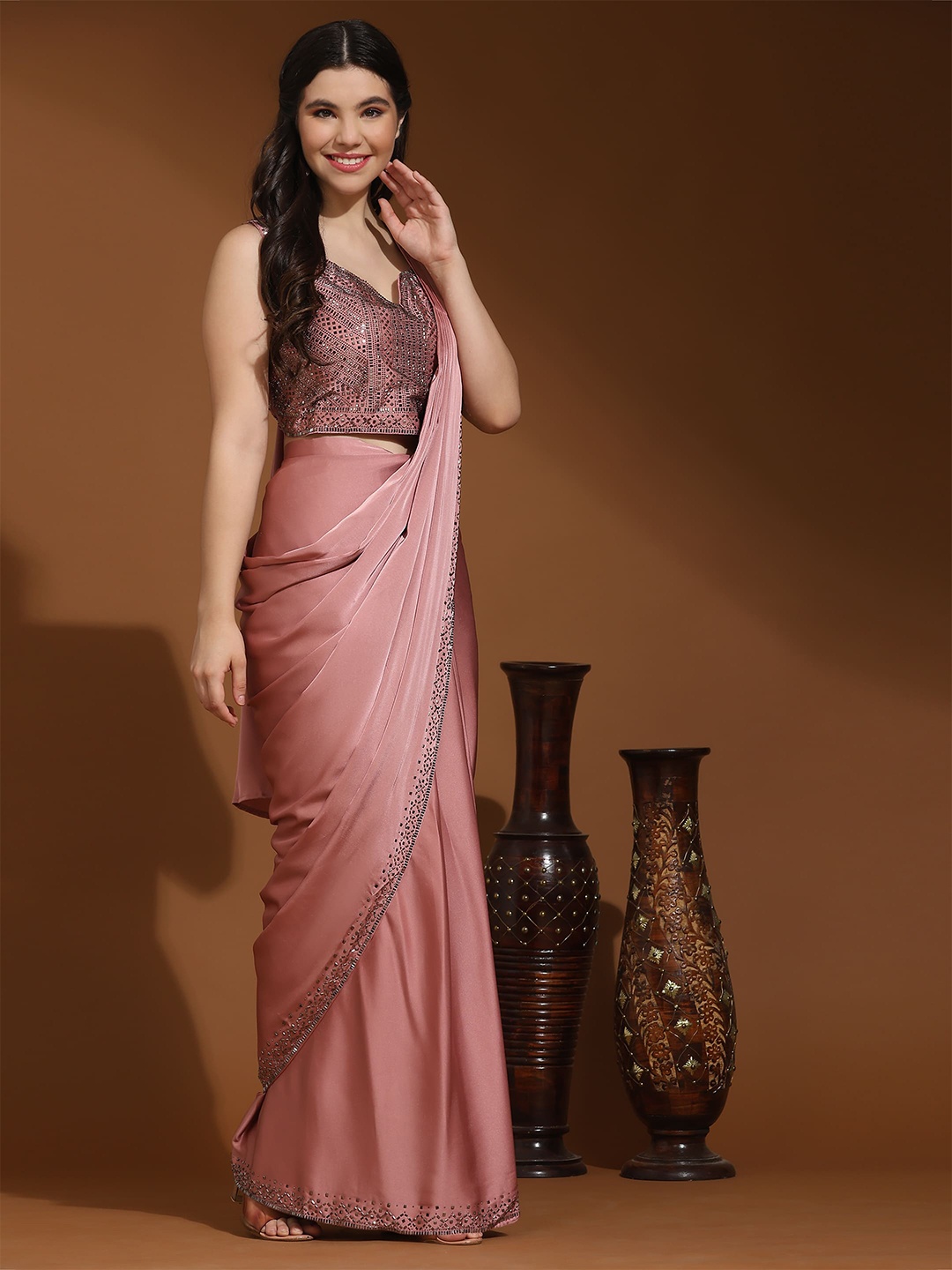 

AMOHA TRENDZ Beads and Stones Satin Ready to Wear Saree, Pink