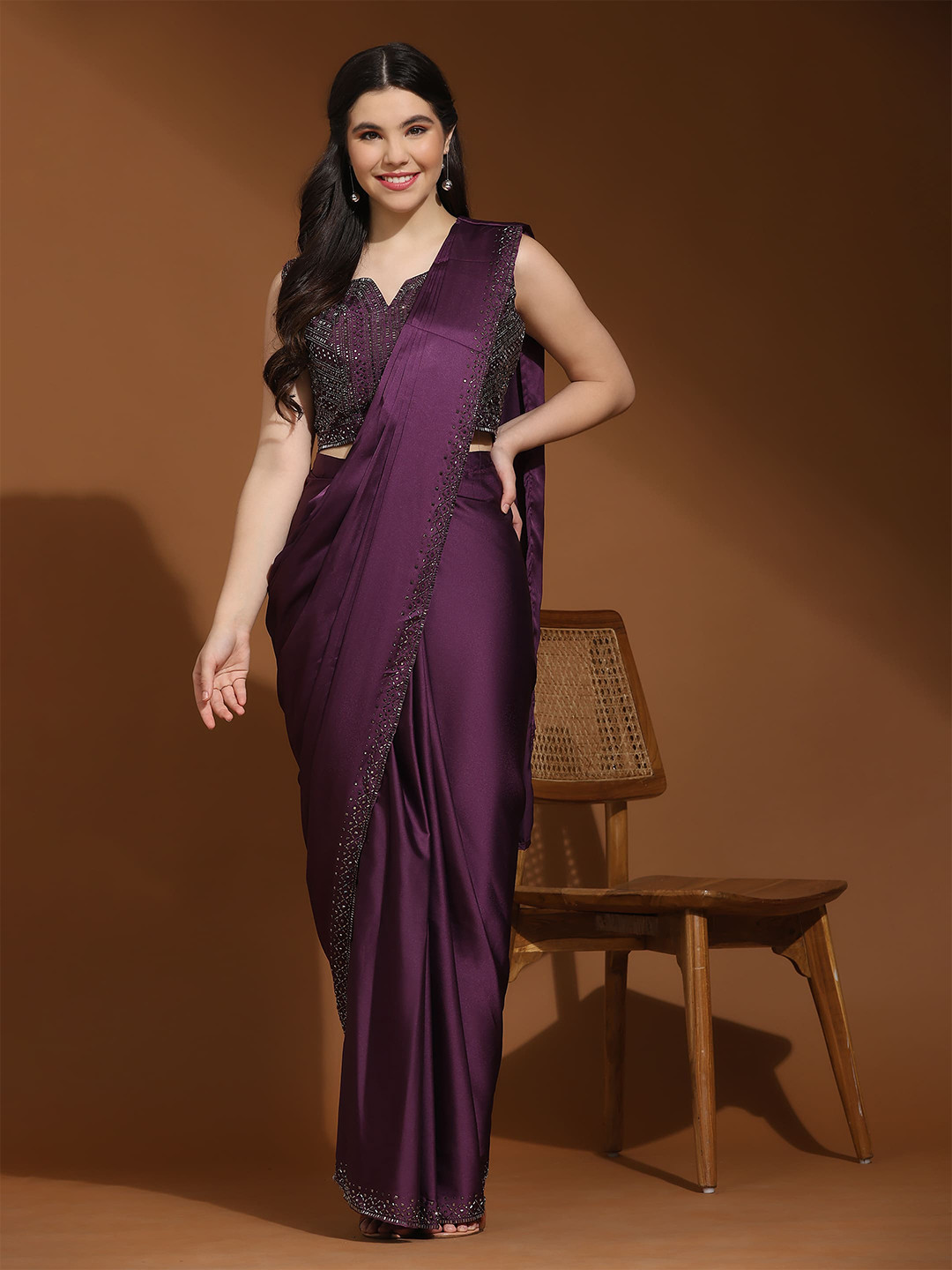 

AMOHA TRENDZ Beads and Stones Satin Ready to Wear Saree, Purple
