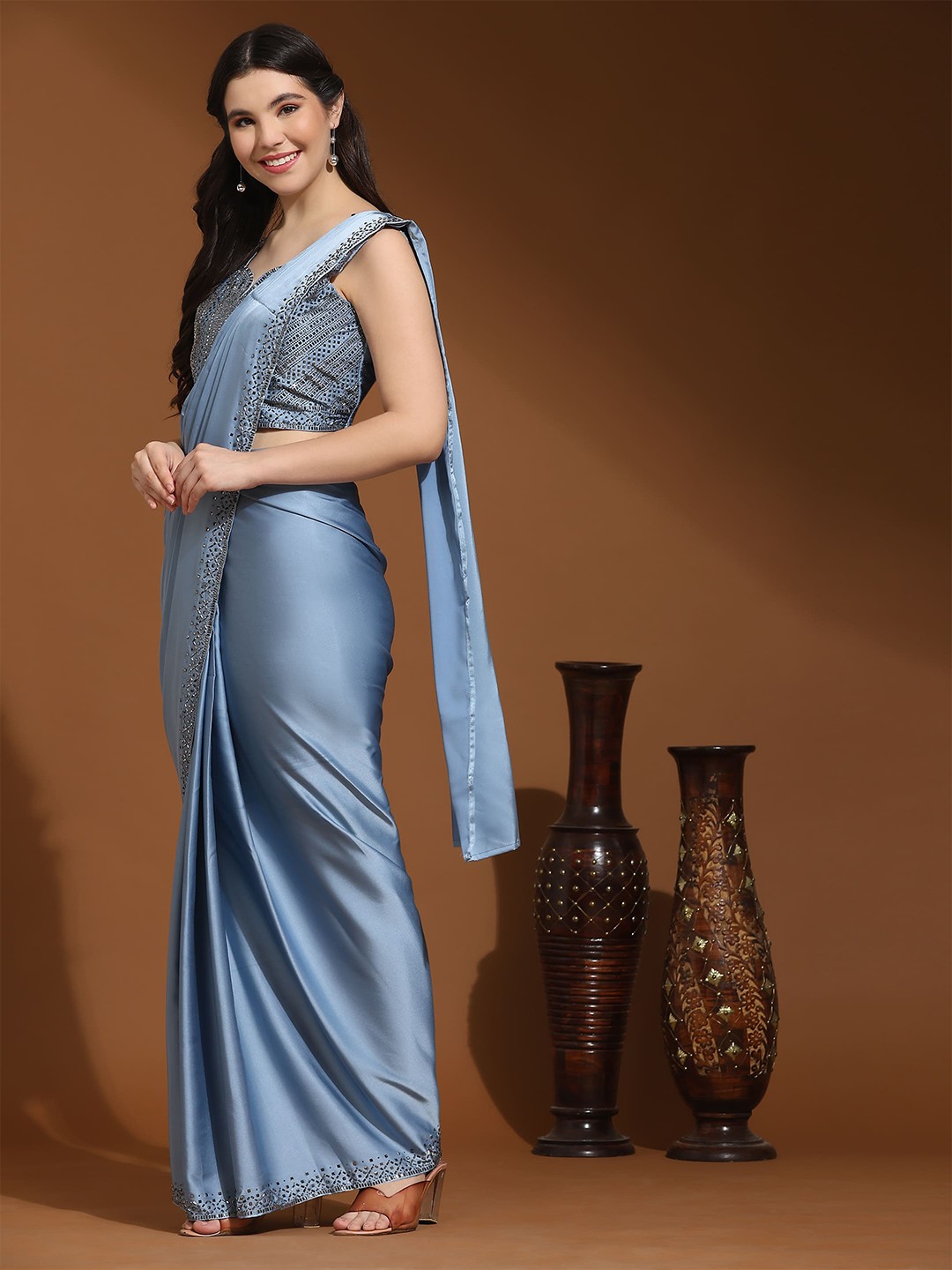 

AMOHA TRENDZ Beads and Stones Satin Ready to Wear Saree, Blue