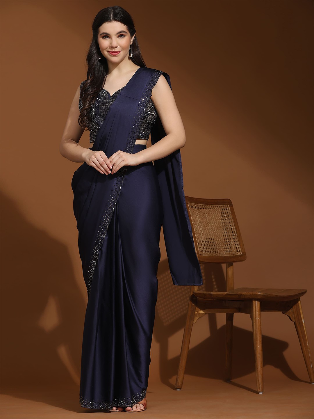 

AMOHA TRENDZ Beads and Stones Satin Ready to Wear Saree, Navy blue