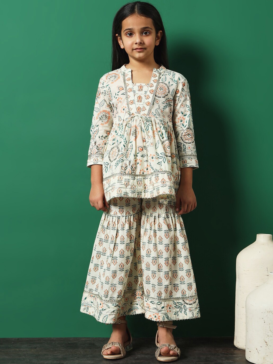 

Readiprint Girls Floral Printed Empire Gotta Patti Pure Cotton Kurti with Sharara, White