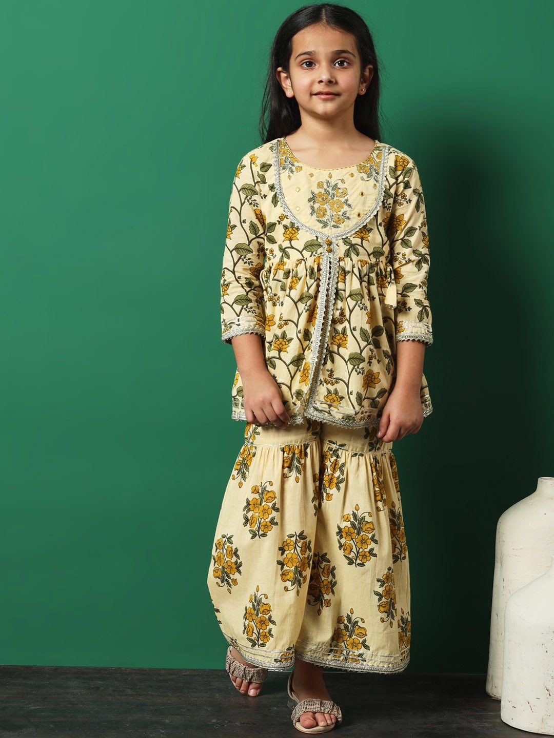 

Readiprint Girls Floral Printed Empire Mirror Work Pure Cotton Kurti with Sharara, Beige