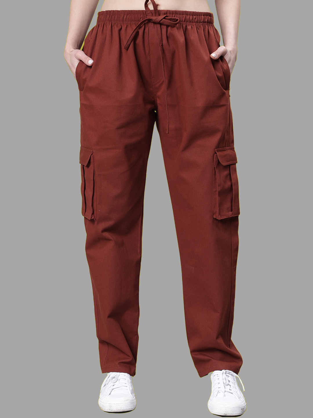 

Mad Over Print Women Relaxed Loose Fit Cotton Cargo Trousers, Tan