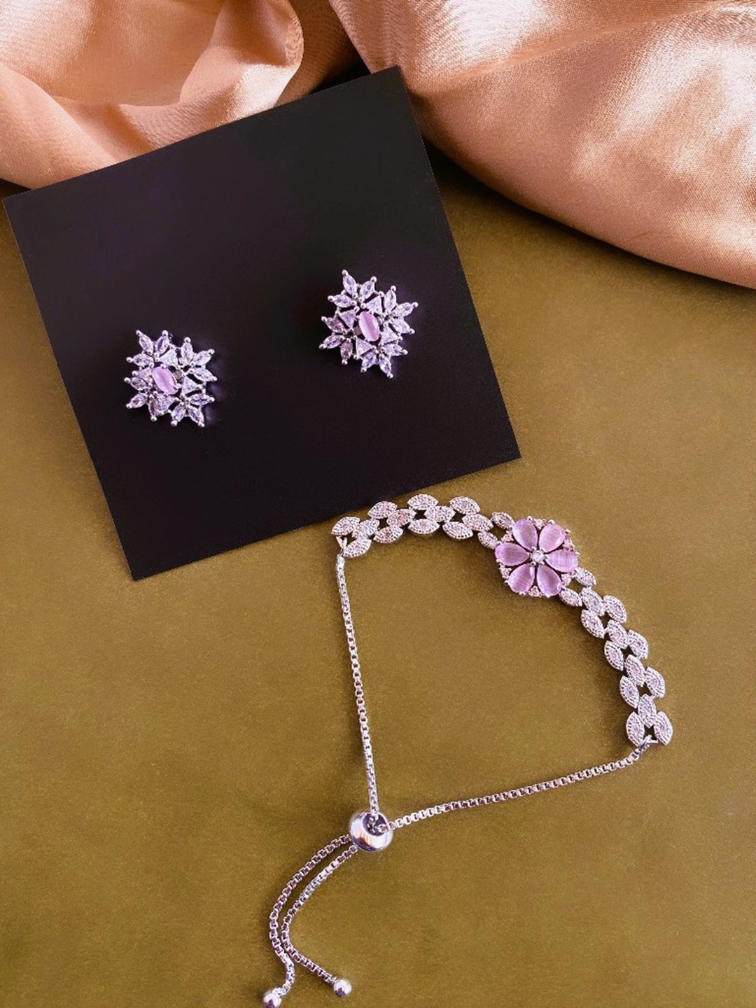 

ATIBELLE Set Of 2 Sliver Plated CZ-Studded Floral Shaped Earring & Bracelet, Silver