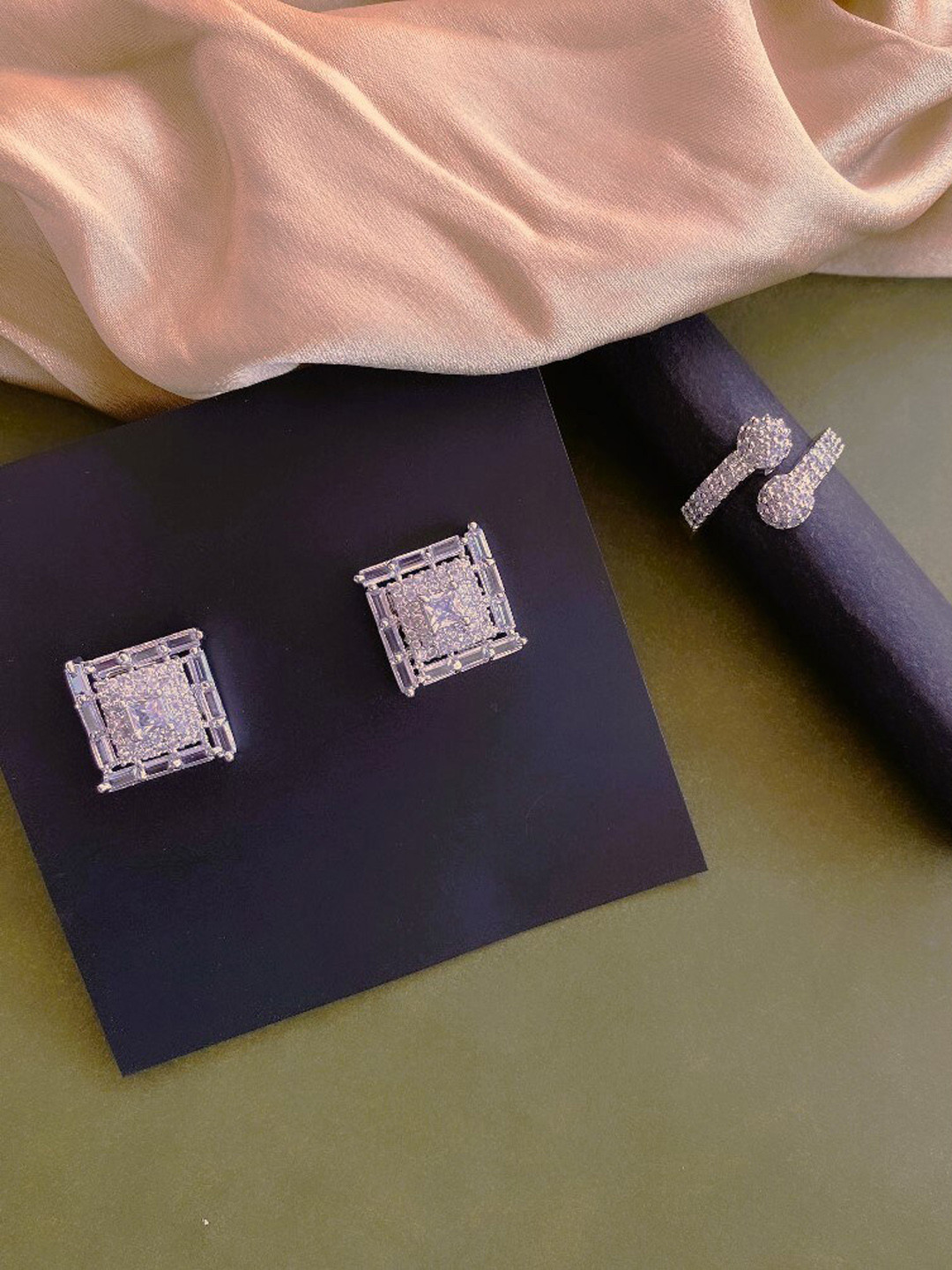 

ATIBELLE Silver-Plated CZ-Studded Ring & Earring Set