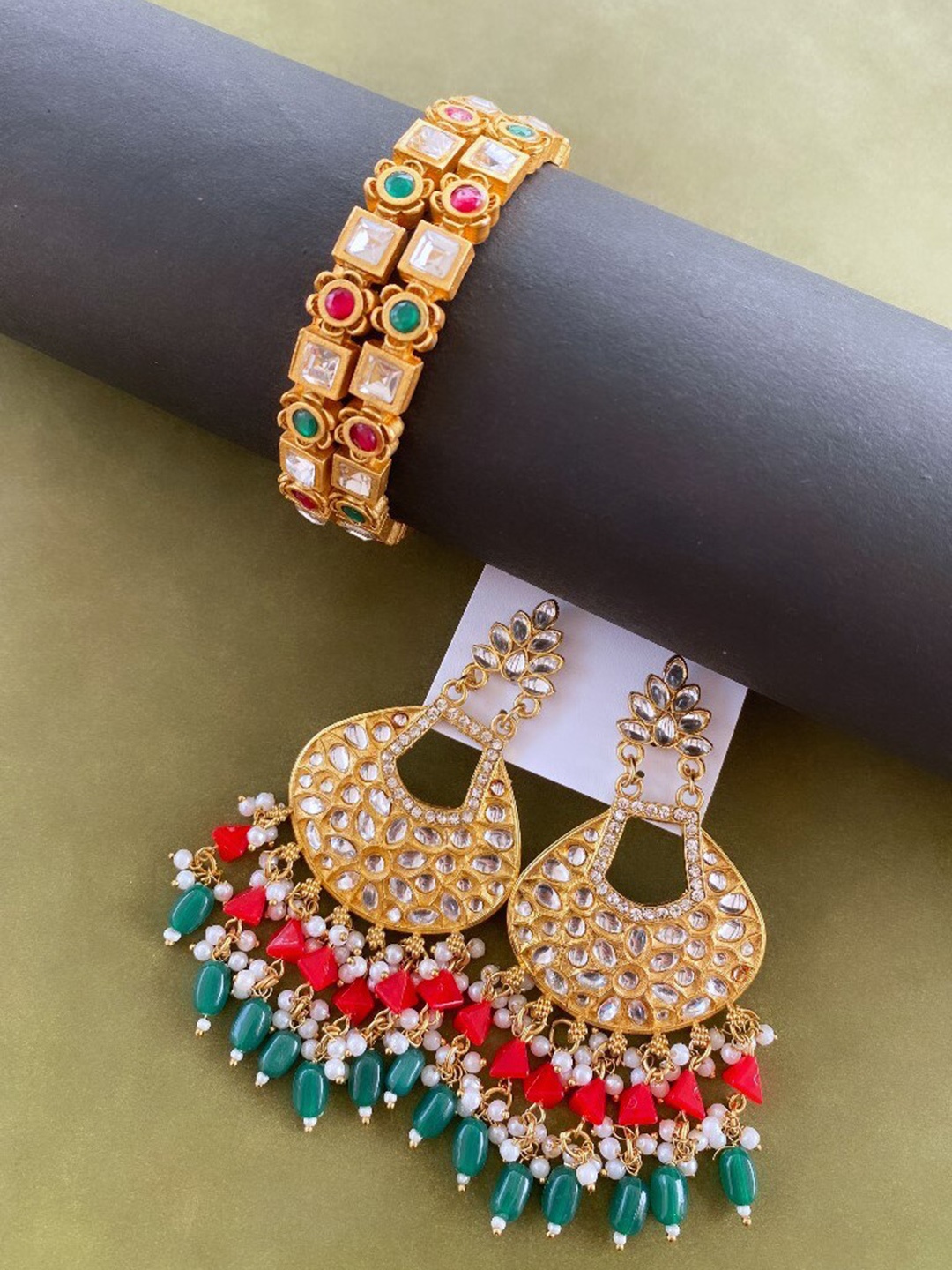 

ATIBELLE Set Of 3 Gold Plated Kundan Studded Earrings & Bangles