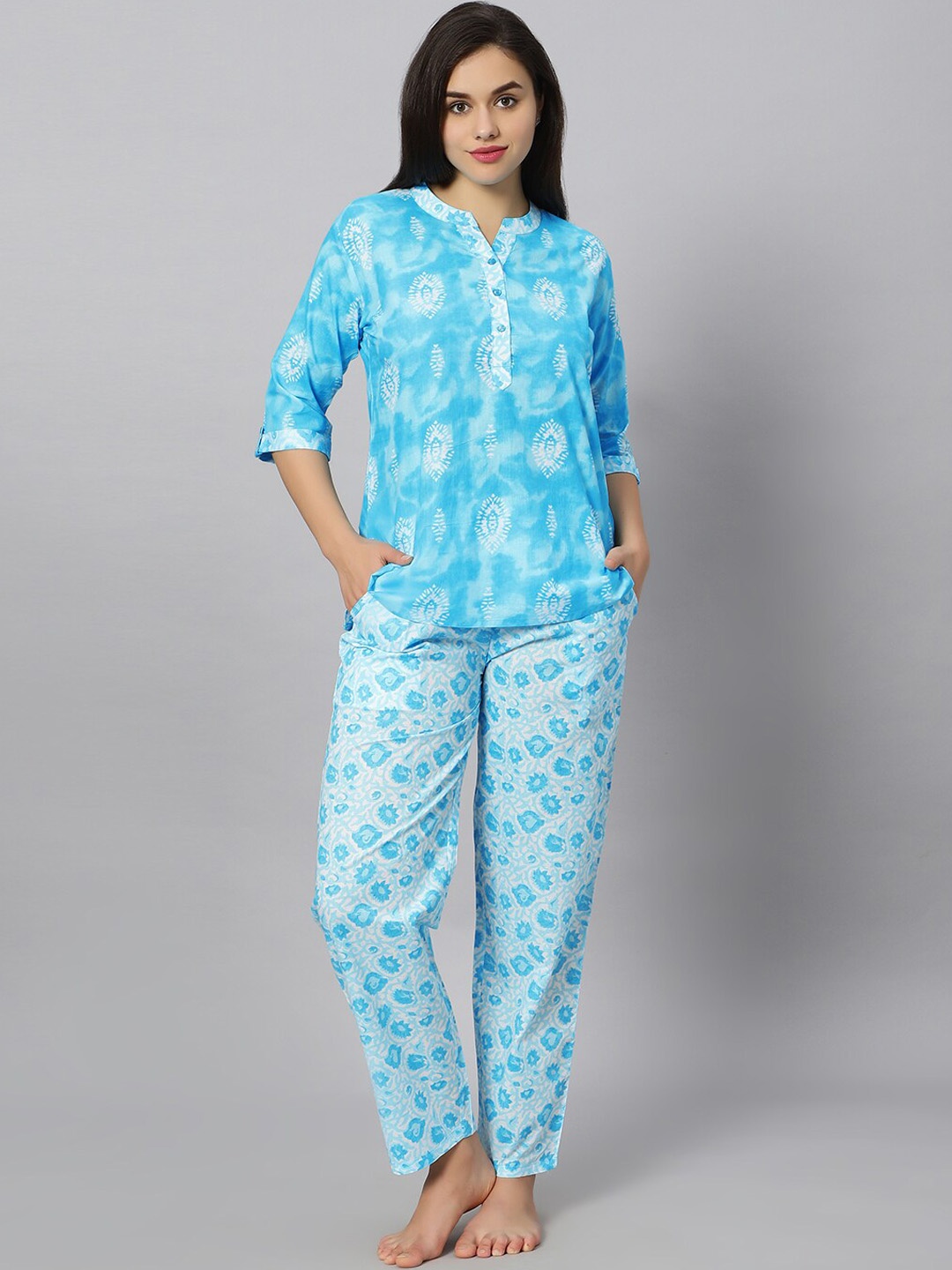 

QUIRA Ethnic Motifs Printed Mandarin Collar Night Suit, Blue