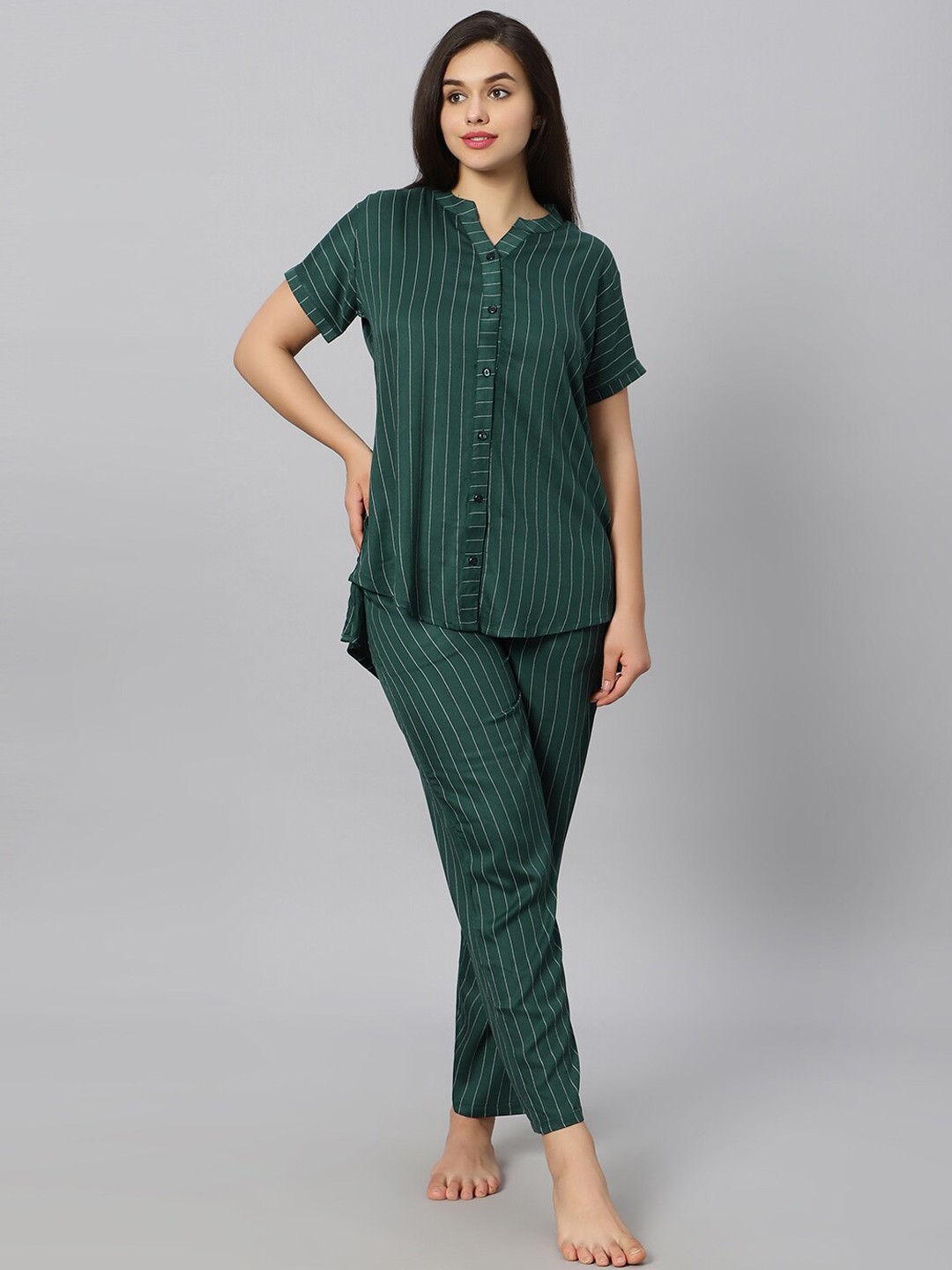 

QUIRA Striped Mandarin Collar Night Suit, Green
