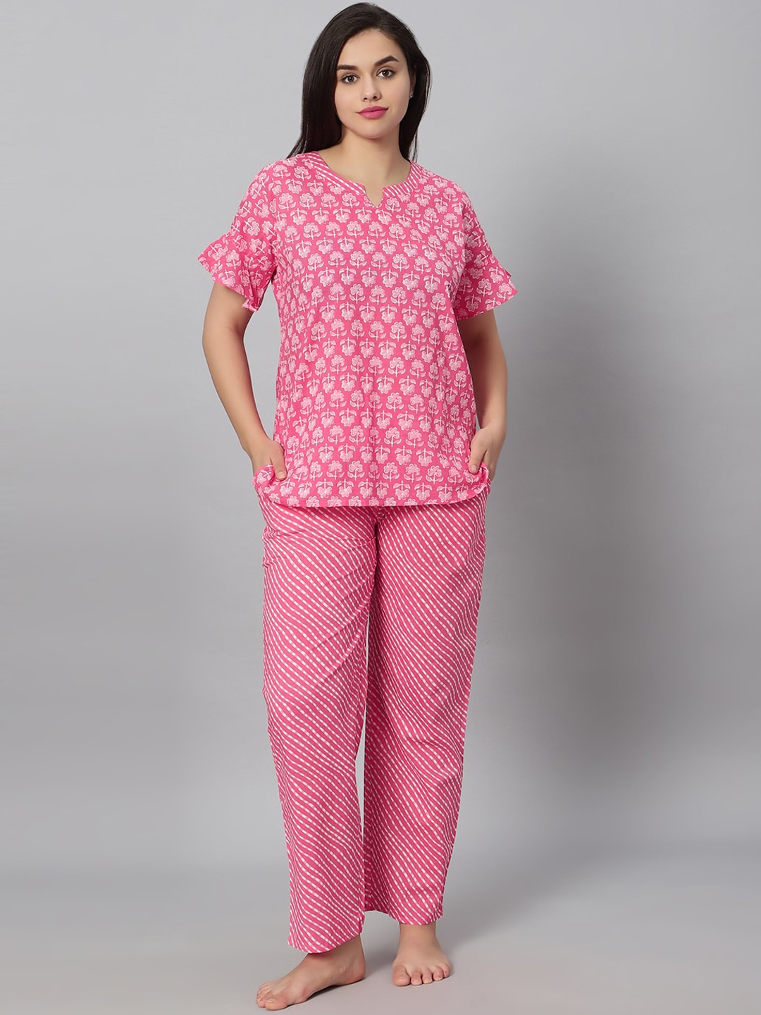 

QUIRA Ethnic Motifs Printed Night Suit, Pink