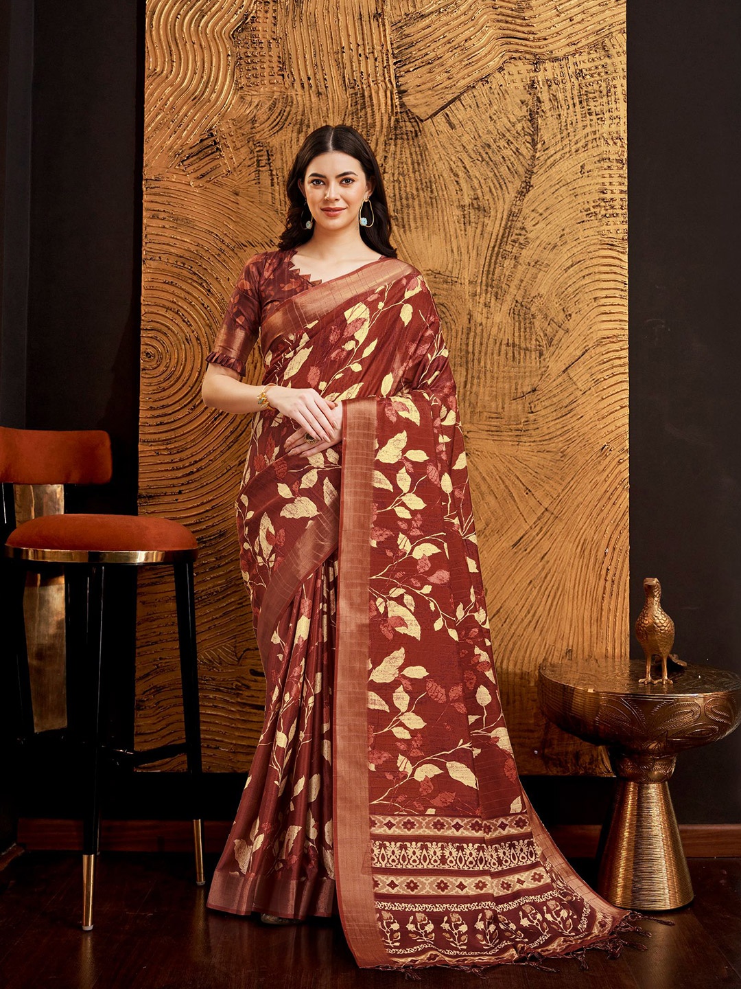 Rekha Maniyar Floral Printed Zari Pure Silk Saree, Brown