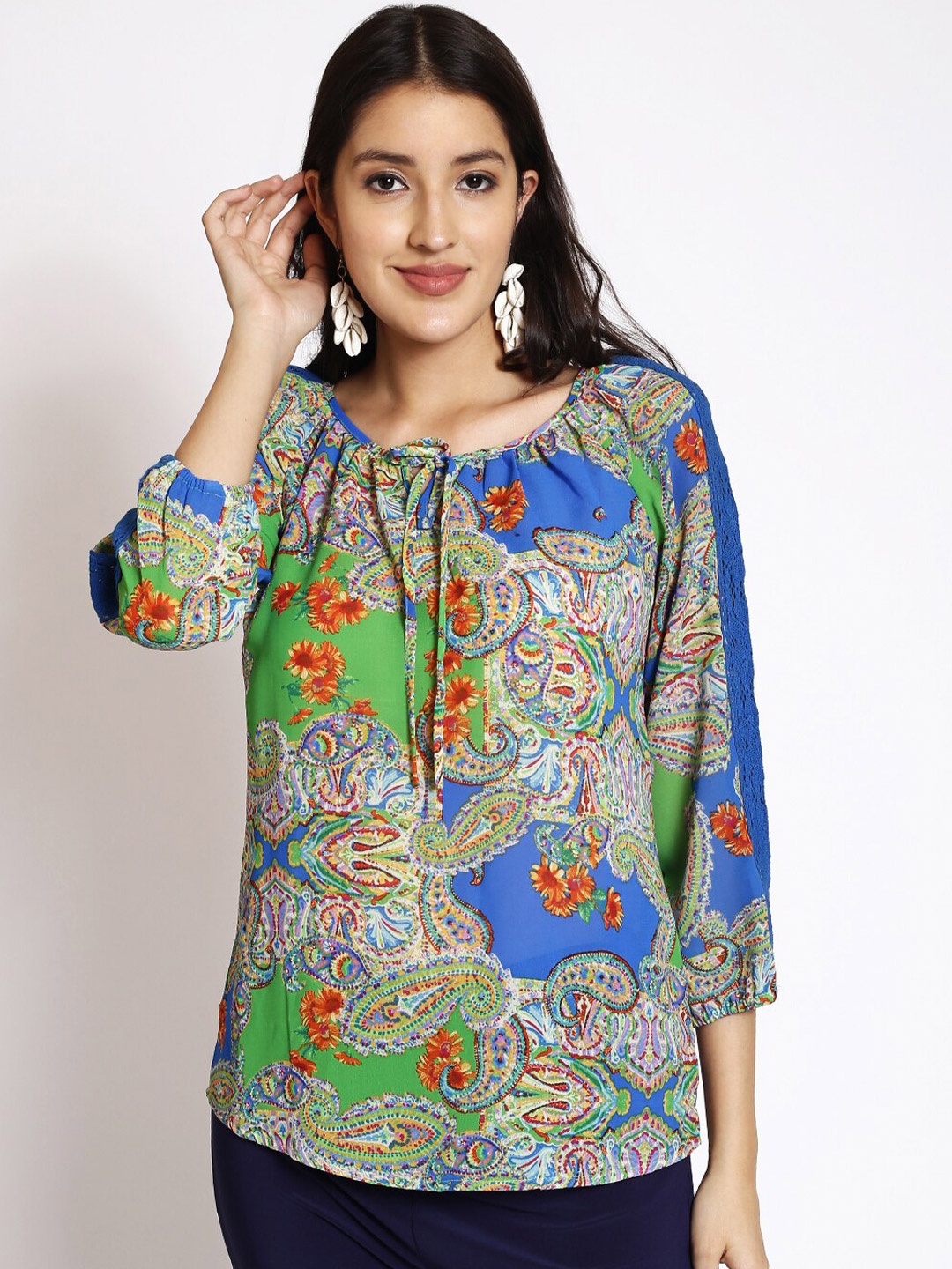 250 DESIGNS Ethnic Motifs Printed Tie-Up Neck Puff Sleeves Georgette Top, Beige