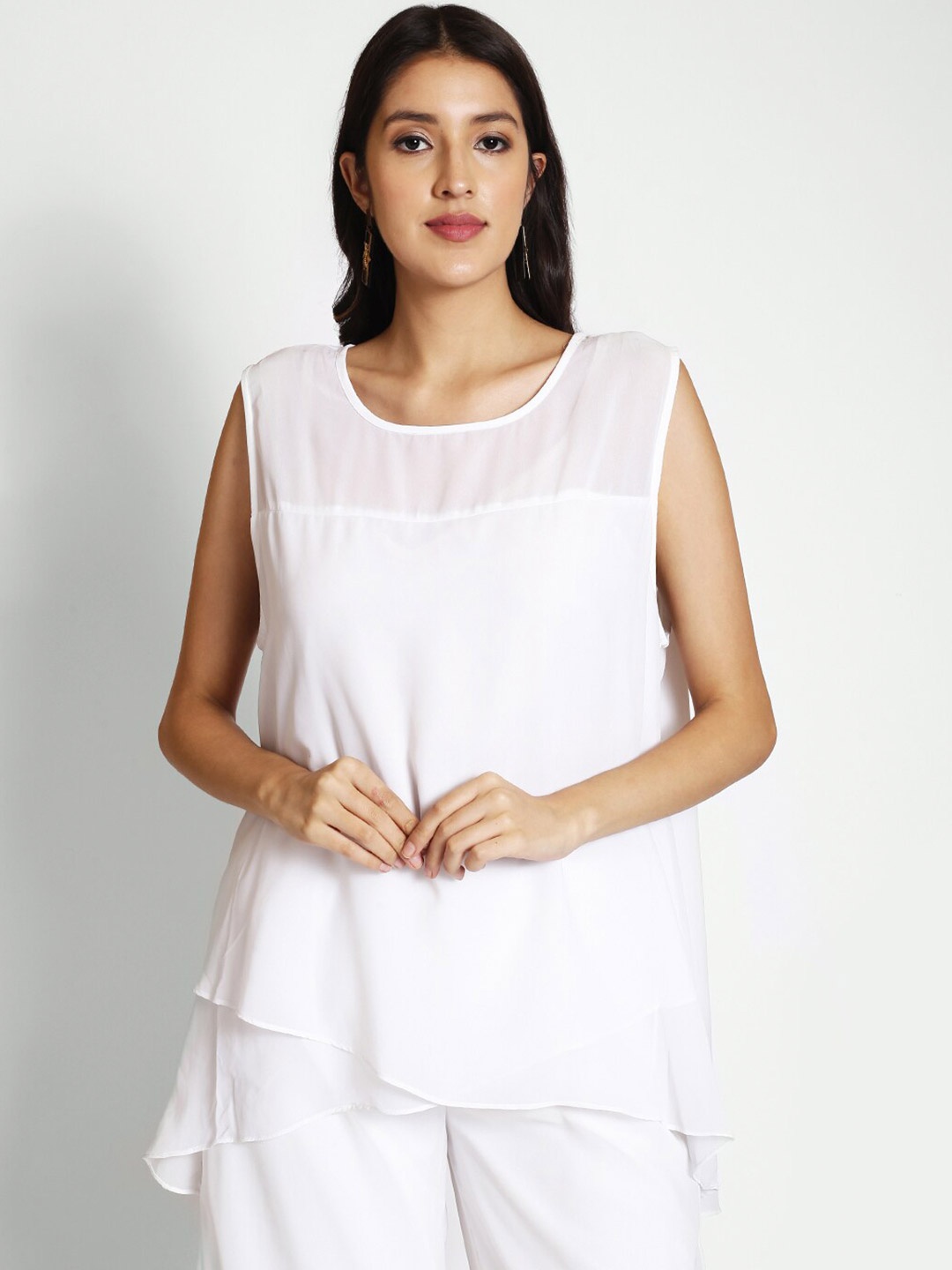 

250 DESIGNS Round Neck Semi Sheer Georgette Top, White