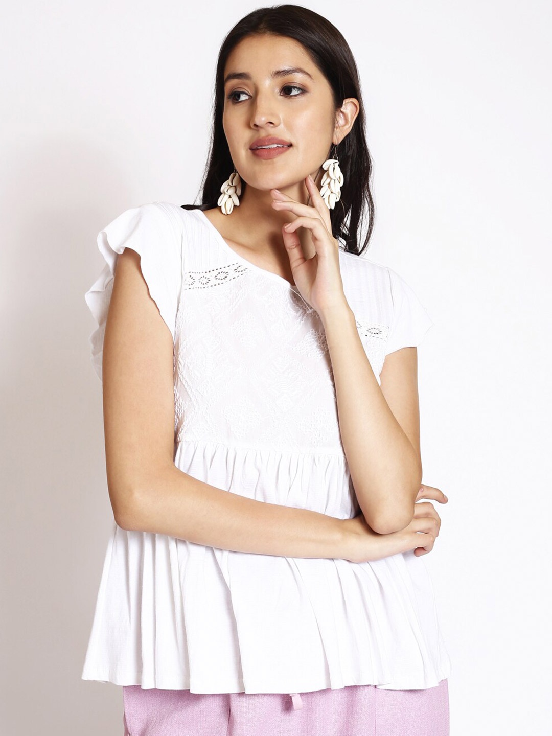 

250 DESIGNS Flutter Sleeves Pleated A-Line Top, White