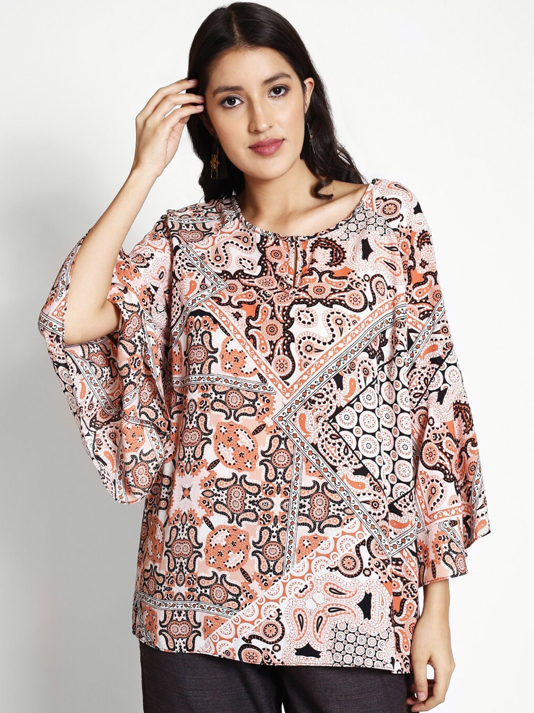 

250 DESIGNS Ethnic Motifs Printed Flared Sleeve Georgette Top, Beige