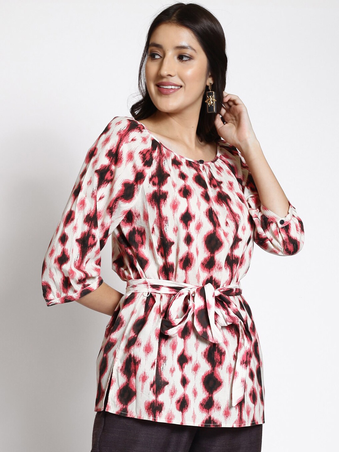 

250 DESIGNS Geometric Printed Cuffed Sleeves Tie Up Georgette Top, Beige