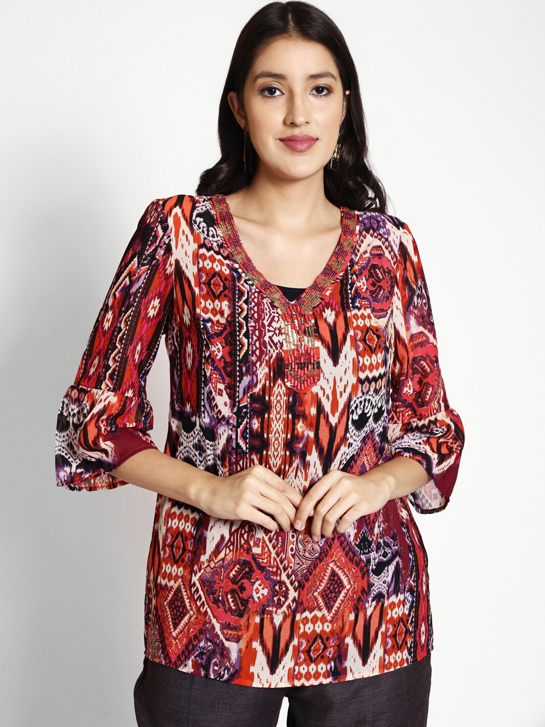 

250 DESIGNS Abstract Print V-Neck Three-Quarter Bell Sleeves Georgette Top, Red