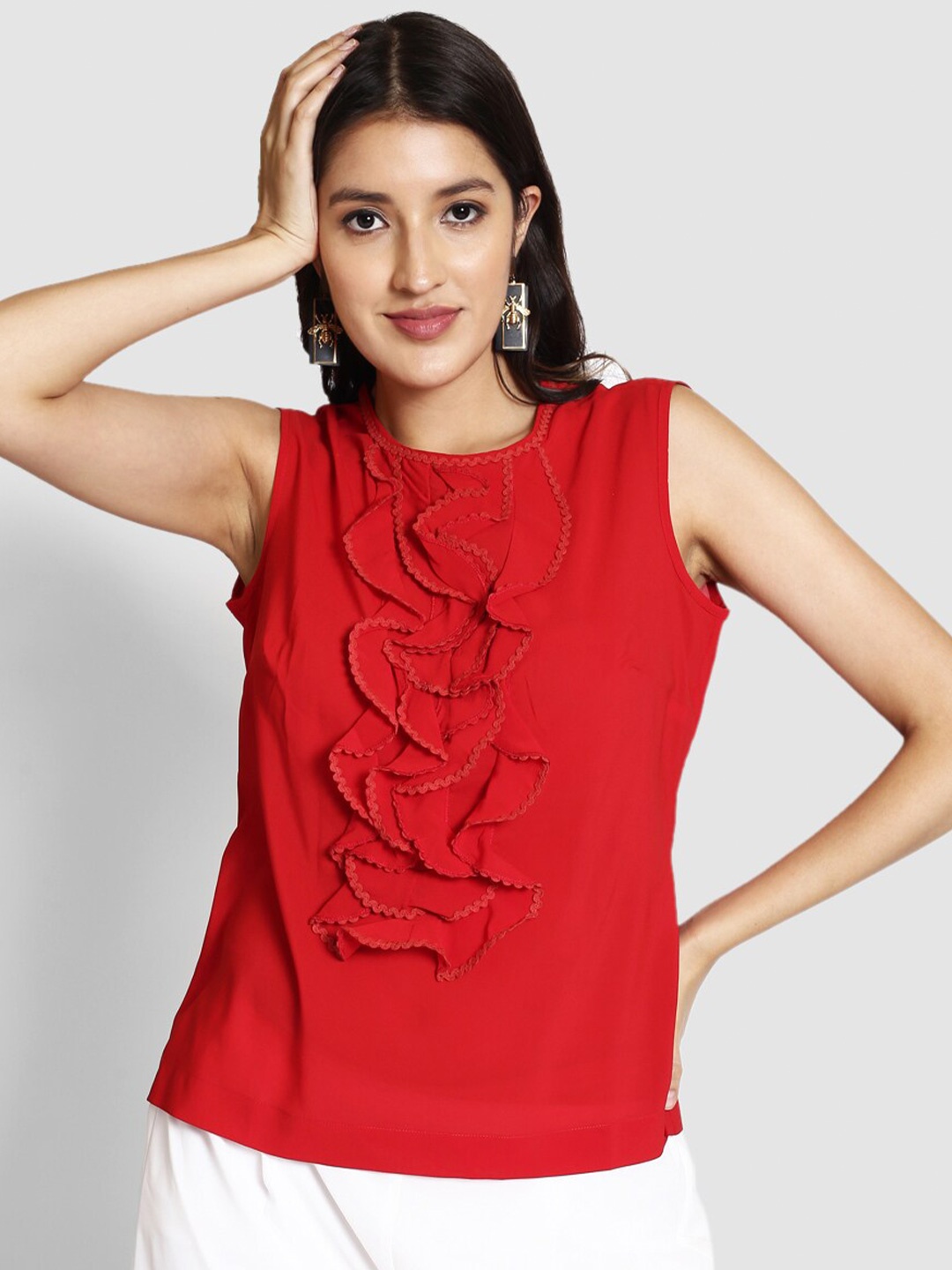 

250 DESIGNS Sleeveless Ruffled Georgette Top, Red