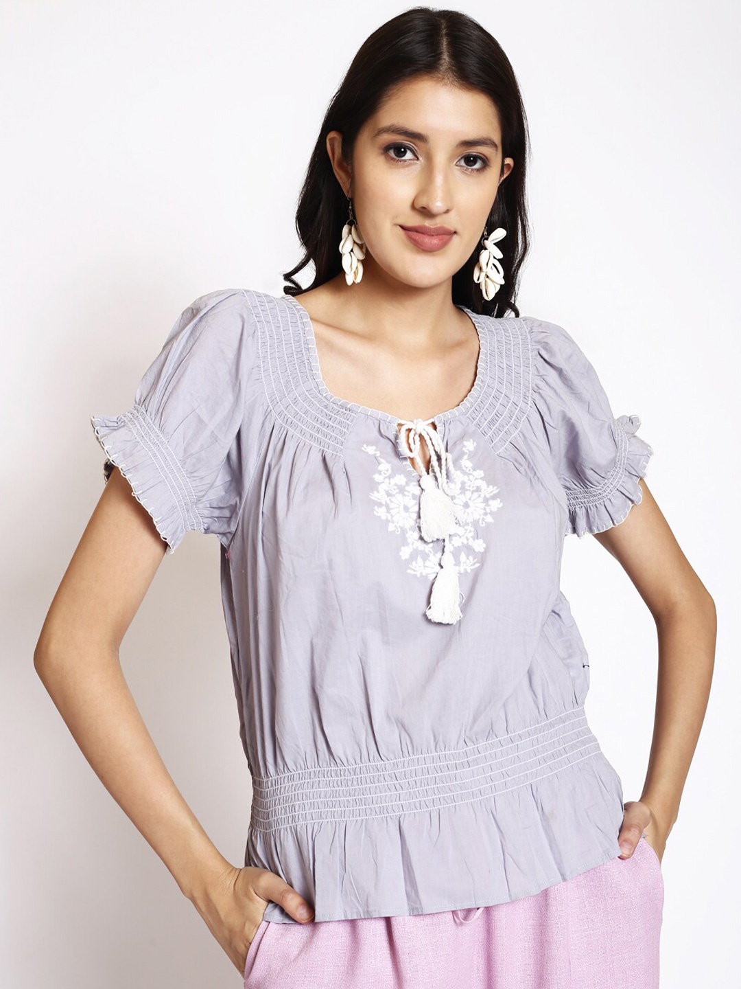 

250 DESIGNS Floral embroidered Tie-Up Neck Puff Sleeves Cotton Cinched Waist Top, Blue
