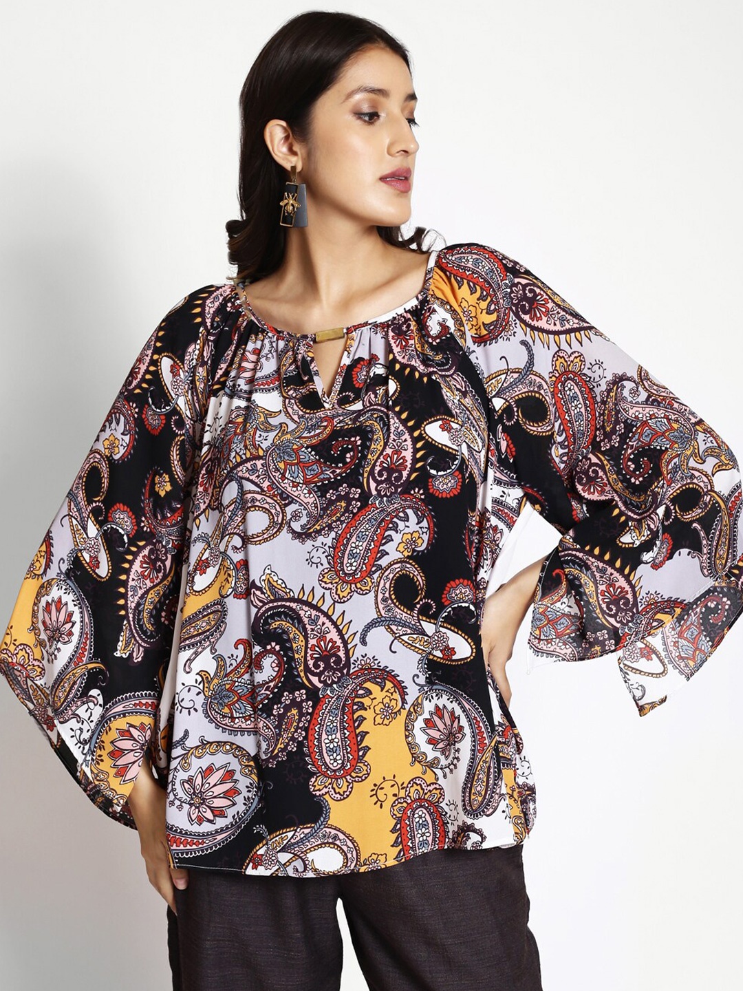 

250 DESIGNS Ethnic Print Round Neck Flared Sleeve Georgette Kaftan Top, Black