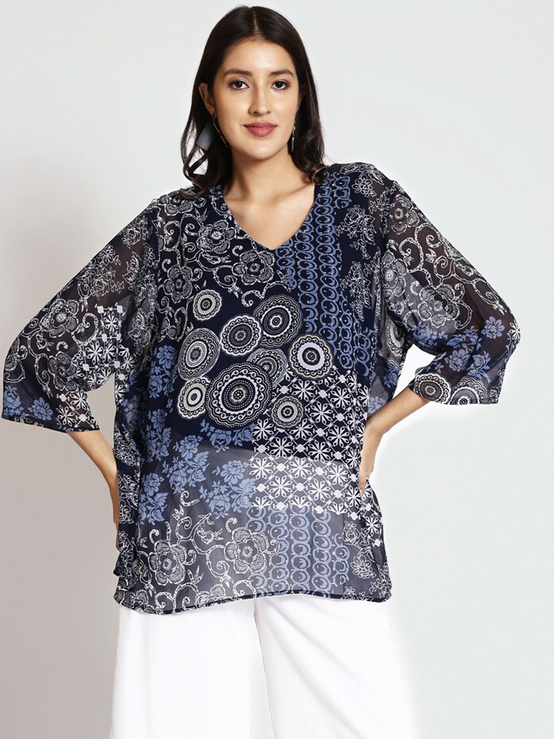 

250 DESIGNS Floral Print V-Neck Three-Quarter Sleeves Georgette Top, Navy blue