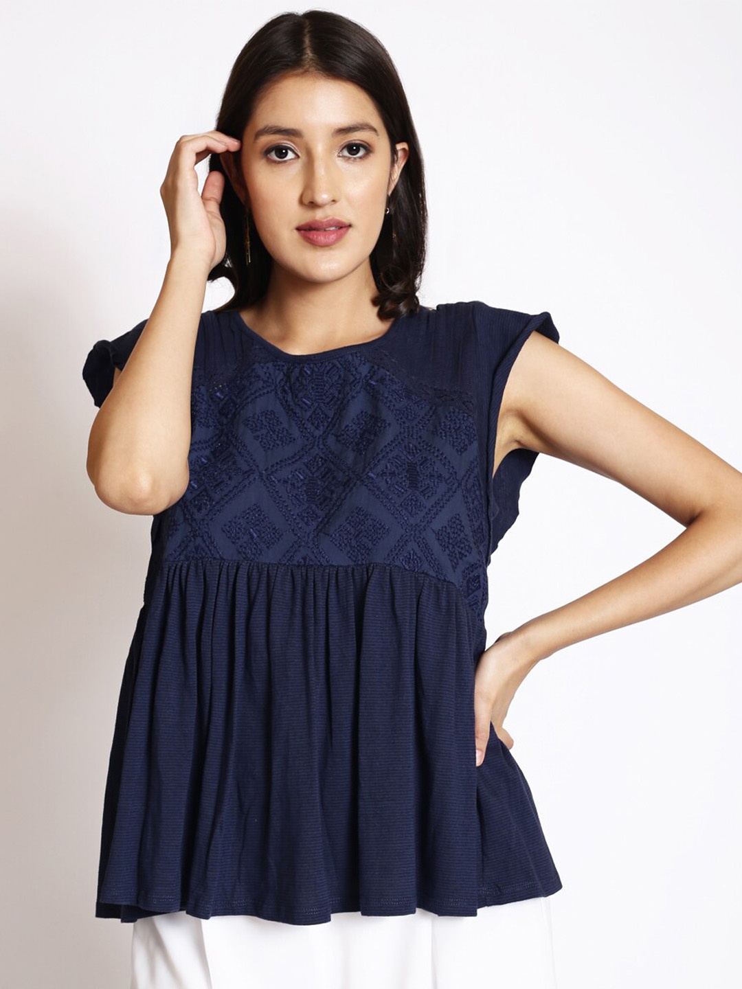 

250 DESIGNS Geometric Embroidered Cap Sleeves Cotton Pleated A-Line Top, Navy blue