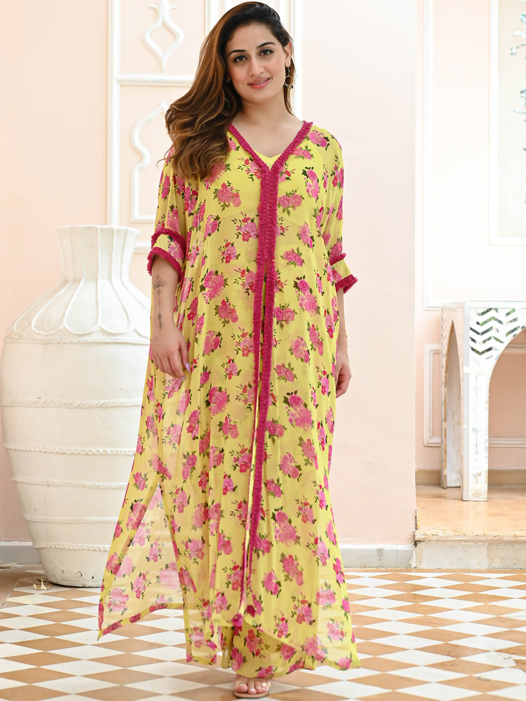

Anouk Mirage Yellow Floral Printed V-Neck Panelled Georgette Kurta with Palazzos & Slip