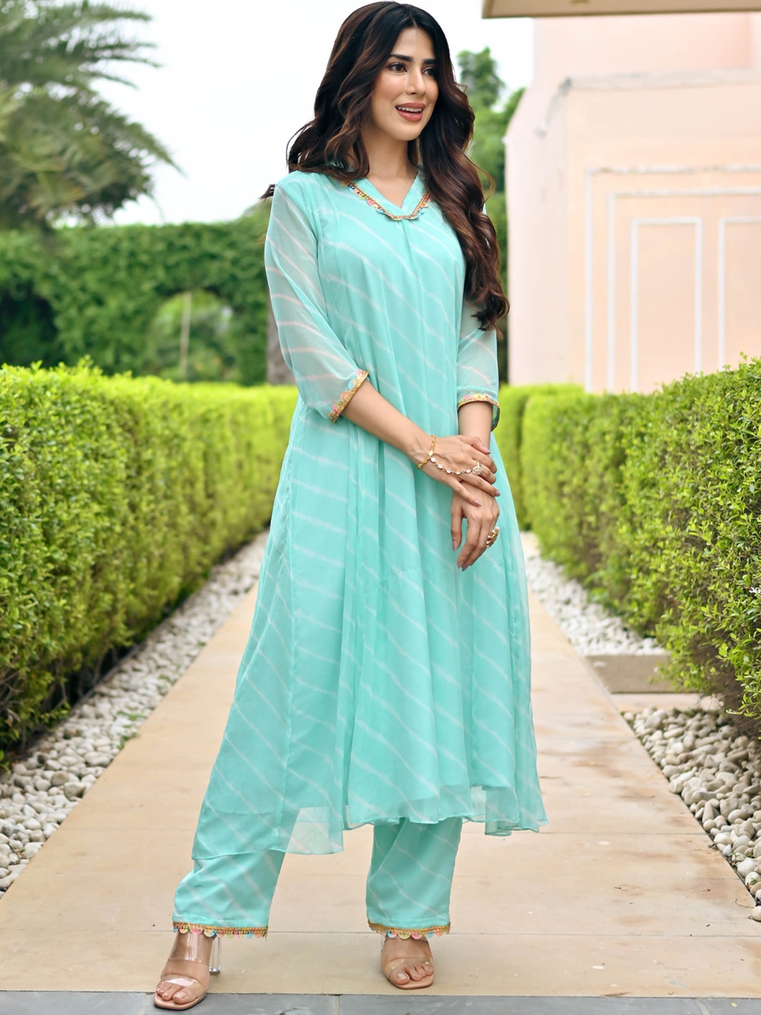 

Anouk Mirage Leheriya Dyed Regular V-Neck A-Line Kurta With Pyjamas, Sea green