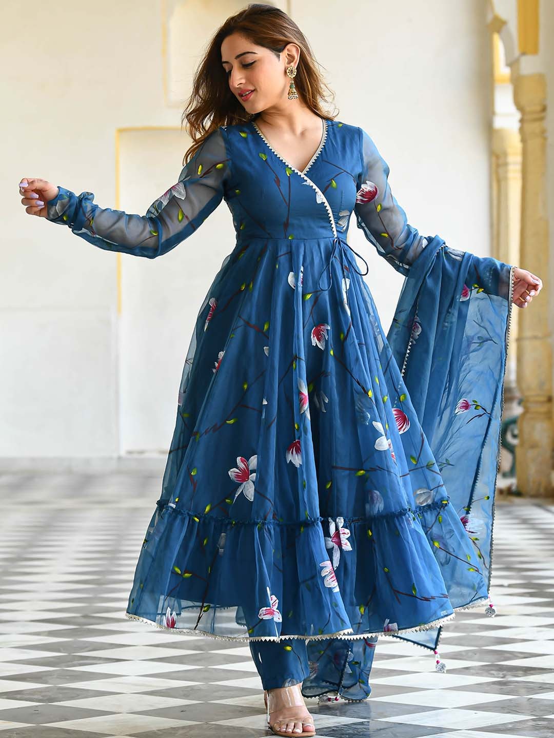 

Anouk Mirage Floral Printed Angrakha Gotta Patti Anarkali Kurta & Pyjamas With Dupatta, Navy blue
