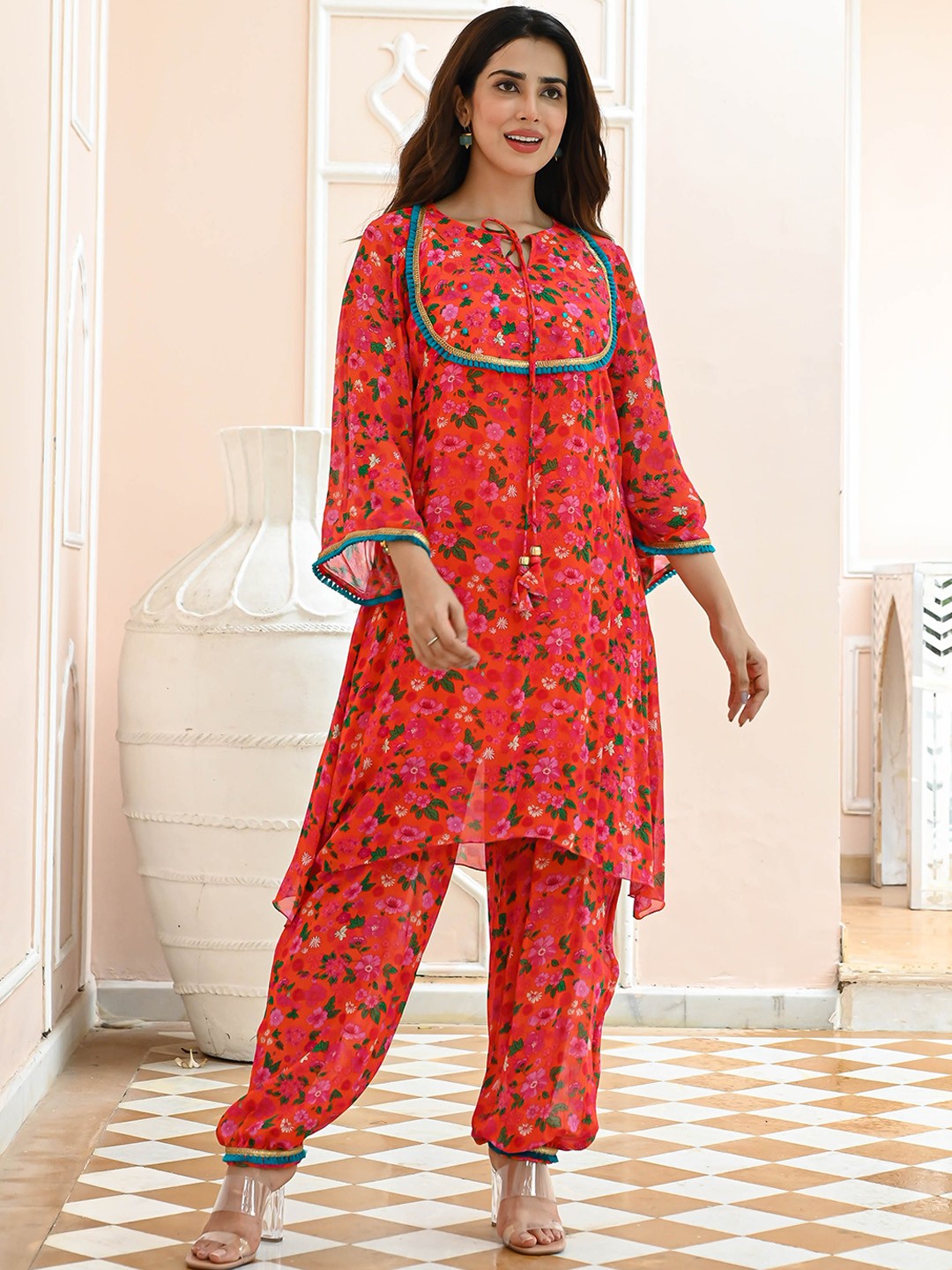 

Anouk Orange Floral Printed Georgette Kurta With Harem Pants