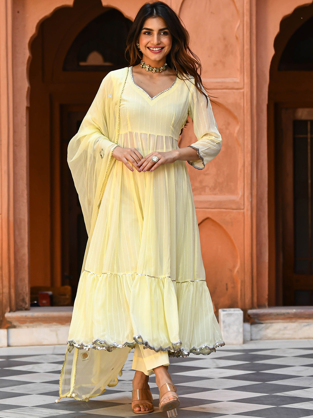 

Anouk Mirage Yellow Striped Tiered Sequined Kurta with Trousers & Dupatta