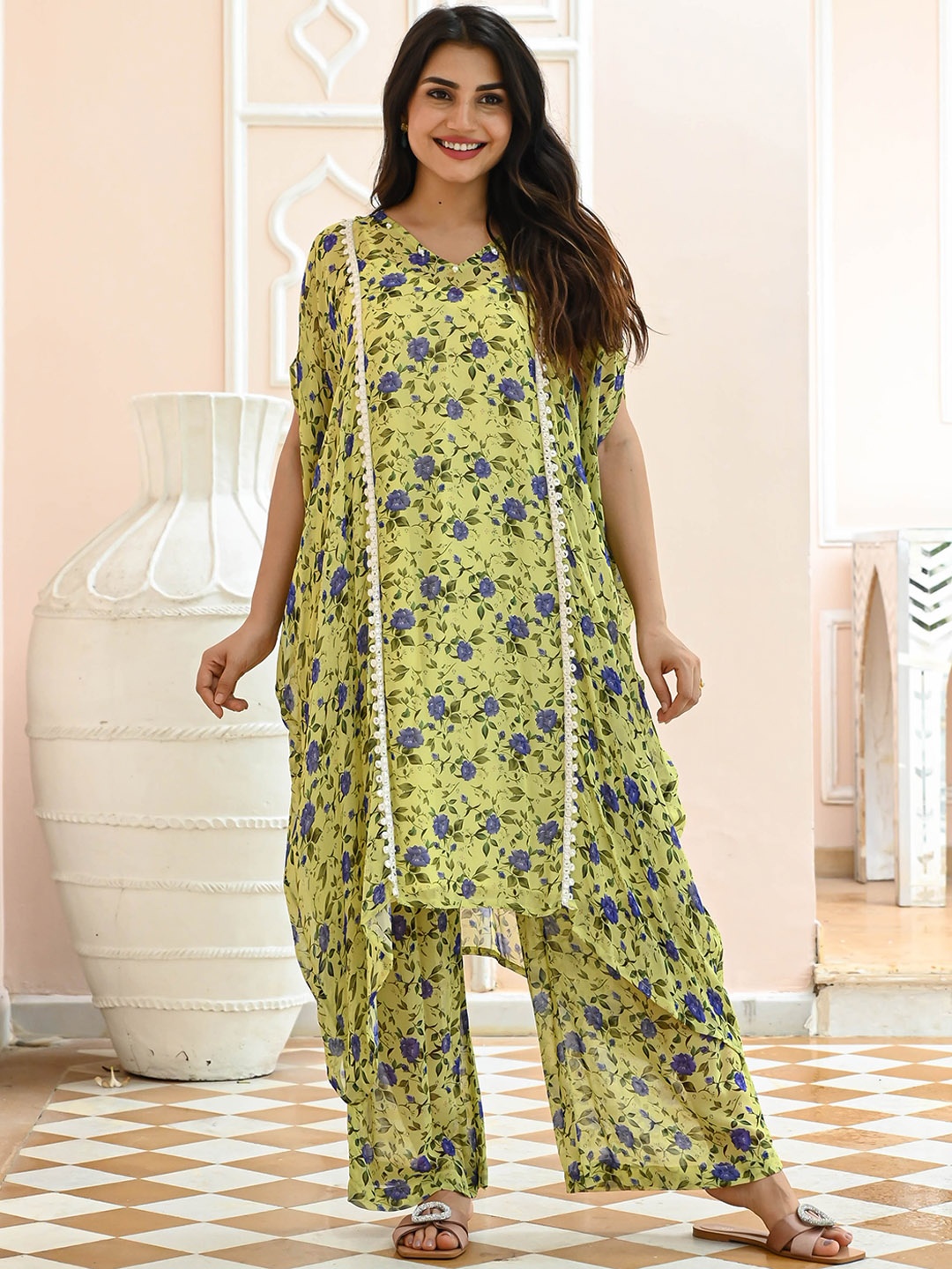 

Anouk Mirage Lime Green Floral Printed Regular Mirror Work Georgette Kurta with Palazzos & Slip