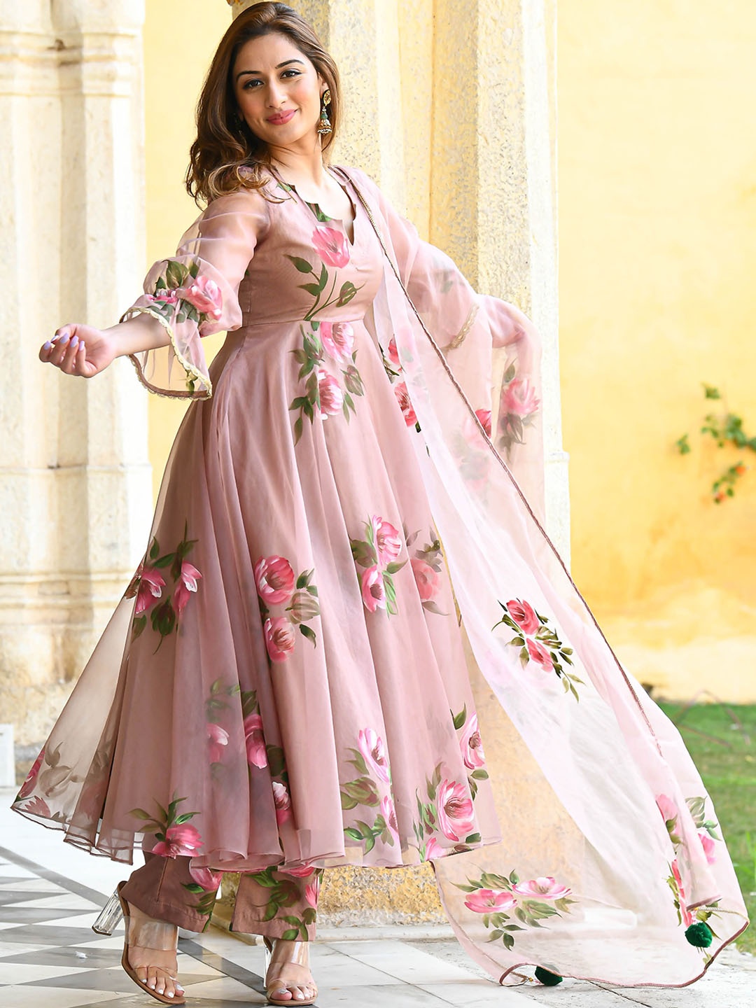 

Anouk Mirage Mauve Floral Printed Regular Organza Kurta with Trousers & Dupatta